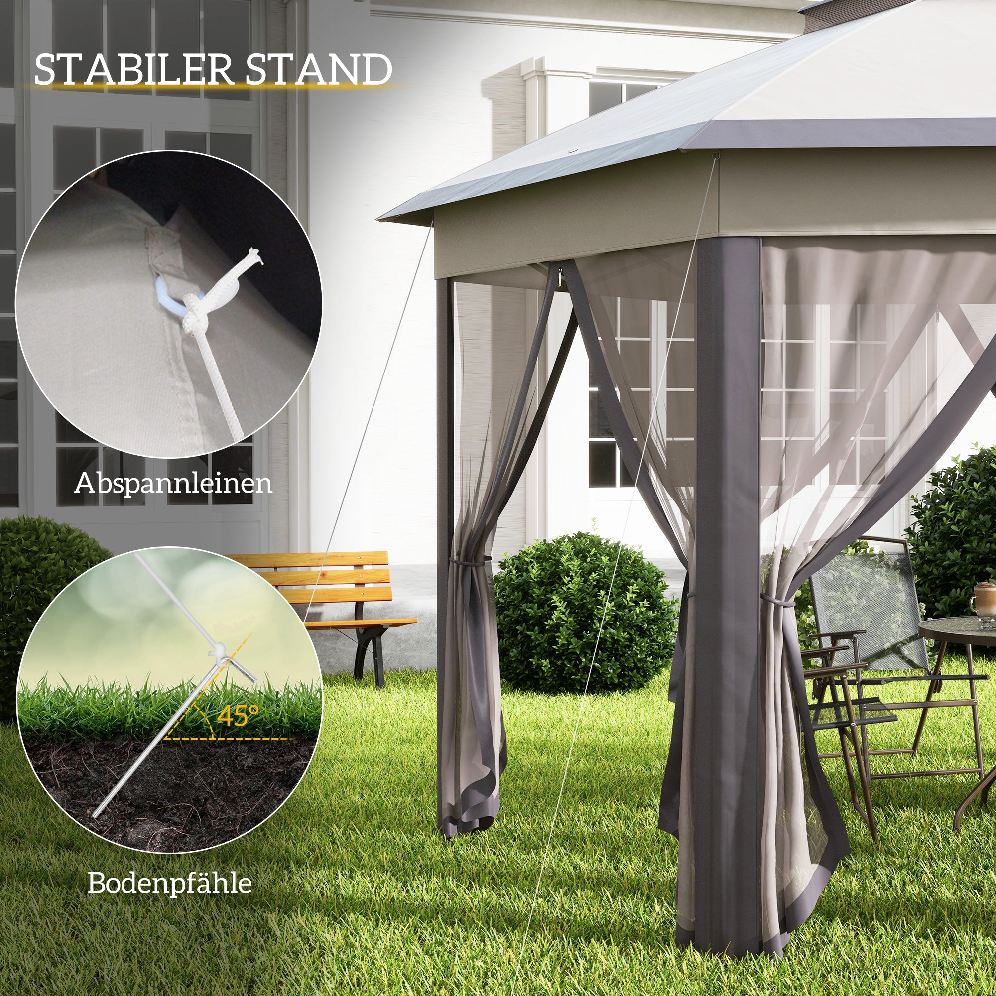 Pavilion 4x4m Waterproof Pop-up Hexagonal Foldable Pavilion, Double Roof, Garden Pavilion with 6 Side Panels, Party Tent incl. Carrying Bag, for Garden, Terrace, Festival, Coffee+Beige