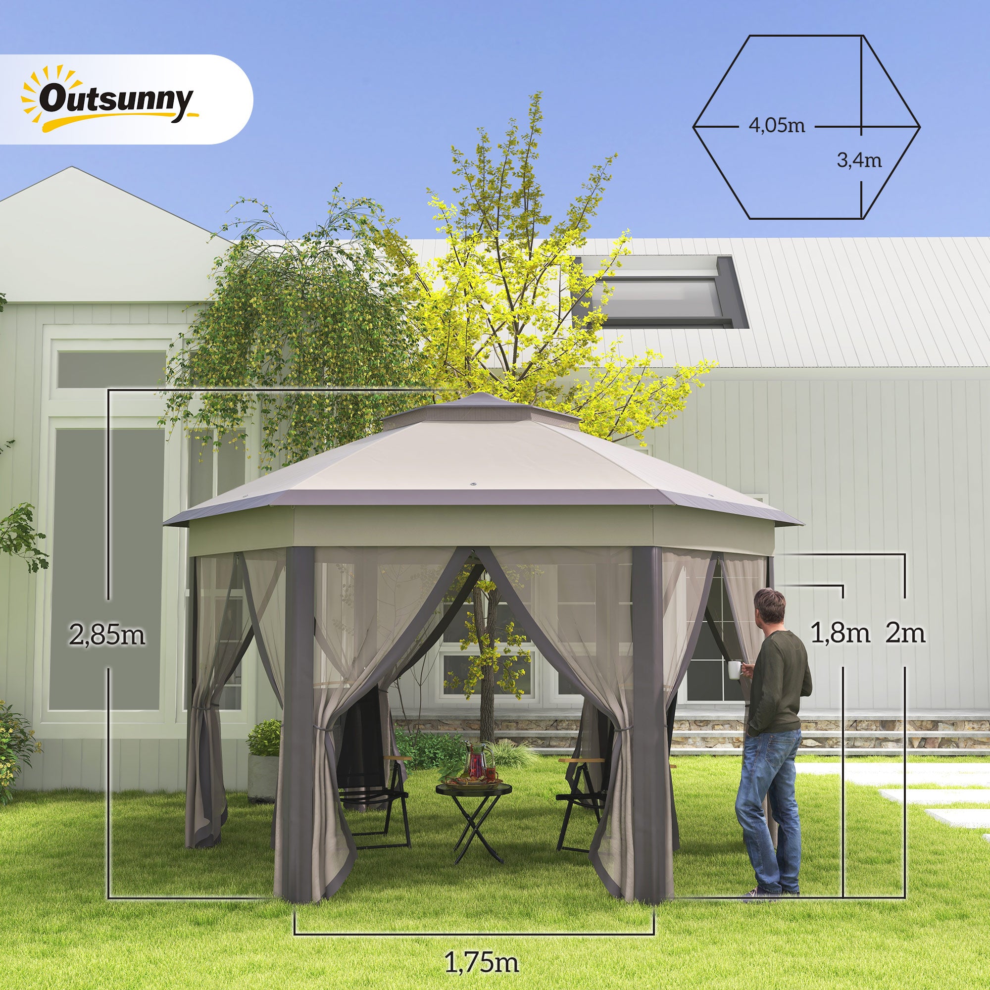 Pavilion 4x4m Waterproof Pop-up Hexagonal Foldable Pavilion, Double Roof, Garden Pavilion with 6 Side Panels, Party Tent incl. Carrying Bag, for Garden, Terrace, Festival, Coffee+Beige