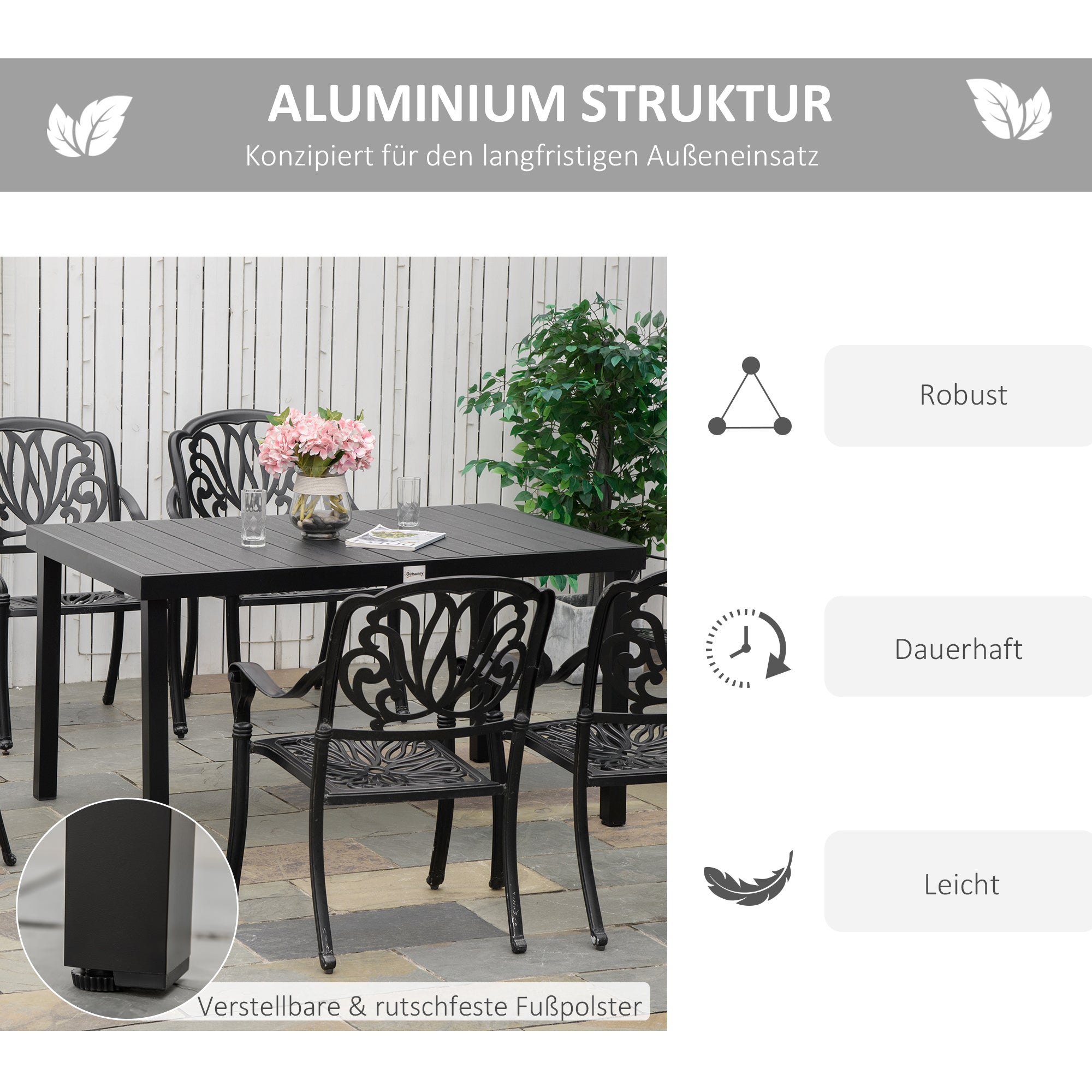 Garden Table for 6 People Dining Table Aluminum Table Garden Furniture Lounge Furniture Easy-Clean Plastic Black 140 x 90 x 74 cm