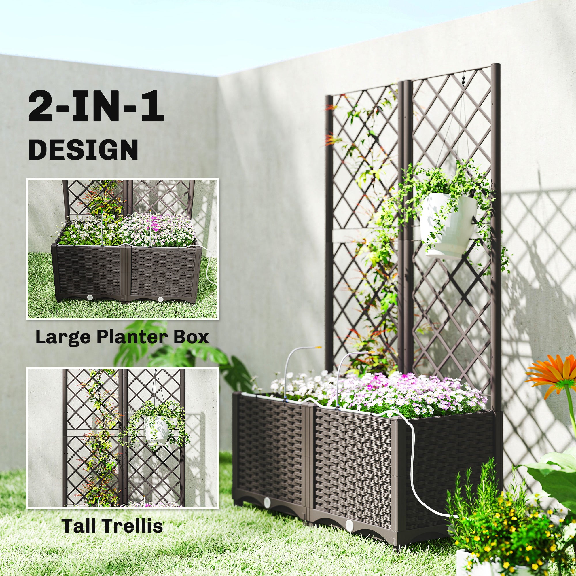 Set of 2 Trellises with Planter Box — Drainage Hole & Water Timer Irrigation System, 31.5 x 15.7 x 53.5 in Raised Planter with Trellis for Garden & Balcony, Brown