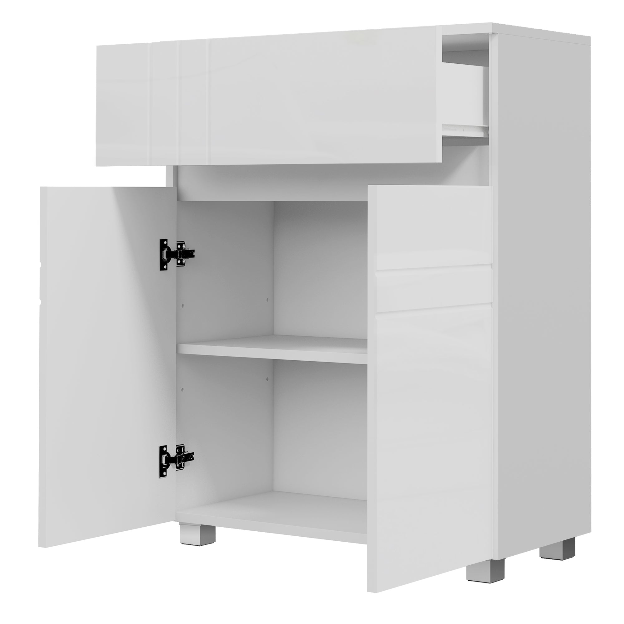 Freestanding Bathroom Storage Cabinet with 2 Doors 1 Drawer, Adjustable Shelf, Glossy White, 60W x 30D x 80H cm