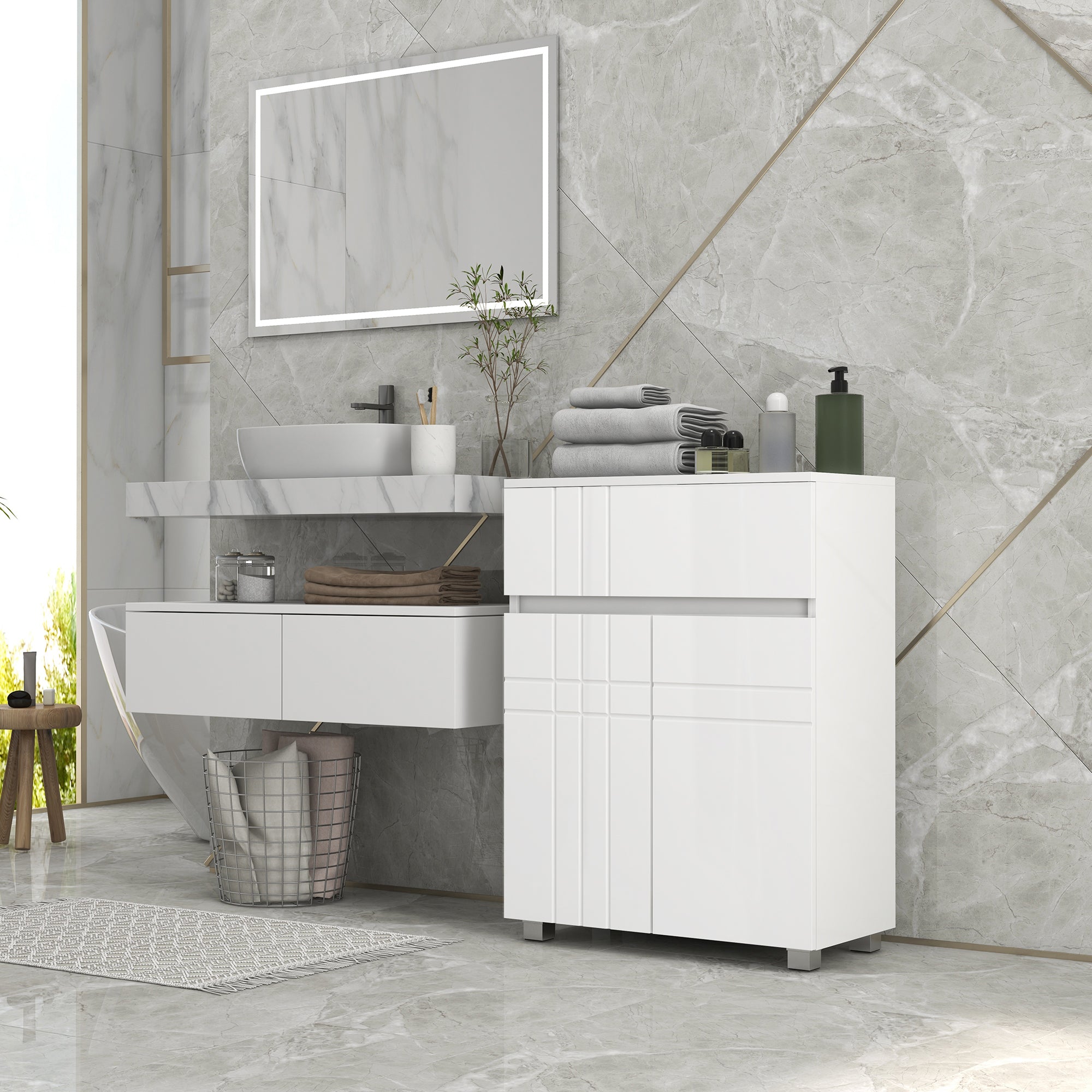 Freestanding Bathroom Storage Cabinet with 2 Doors 1 Drawer, Adjustable Shelf, Glossy White, 60W x 30D x 80H cm