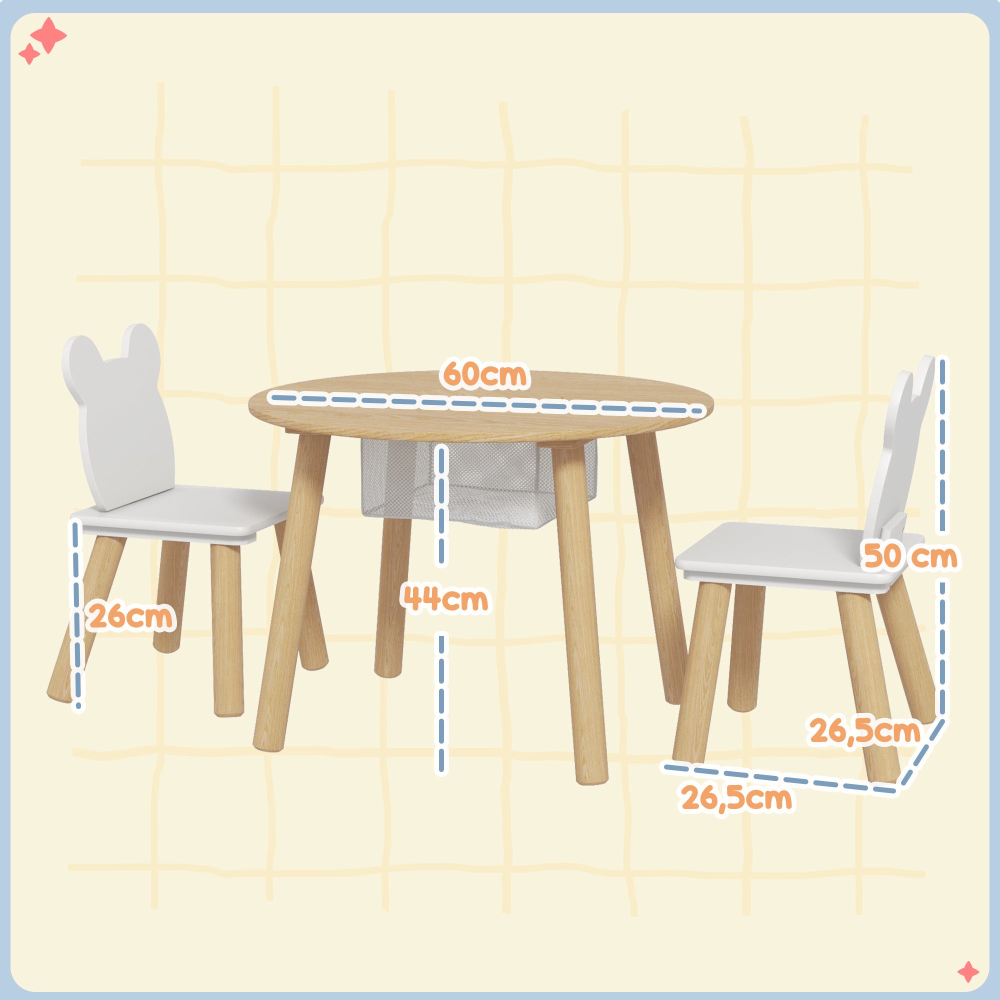 3-Piece Kids Table and Chairs Set Kids Table with 2 Chairs with Storage Space for 3-6-Year-Olds for Playroom Bedroom Nursery Natural