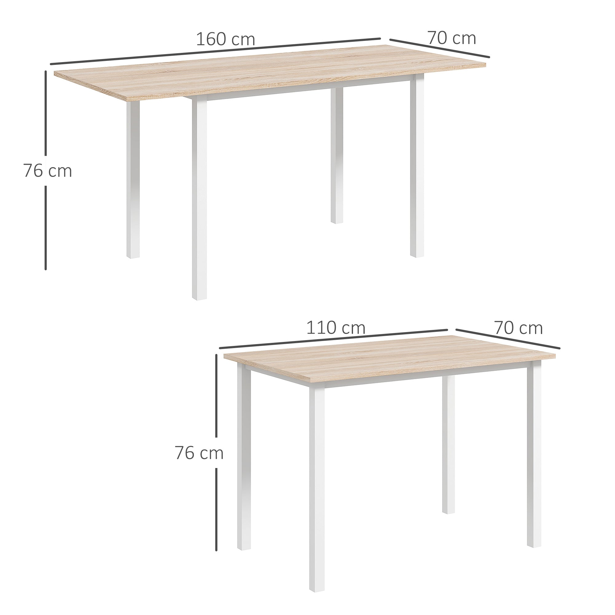 Extendable Dining Table for 4-6 People Modern Kitchen Table with Steel Legs for Dining Room 160x70x76 cm Natural Wood