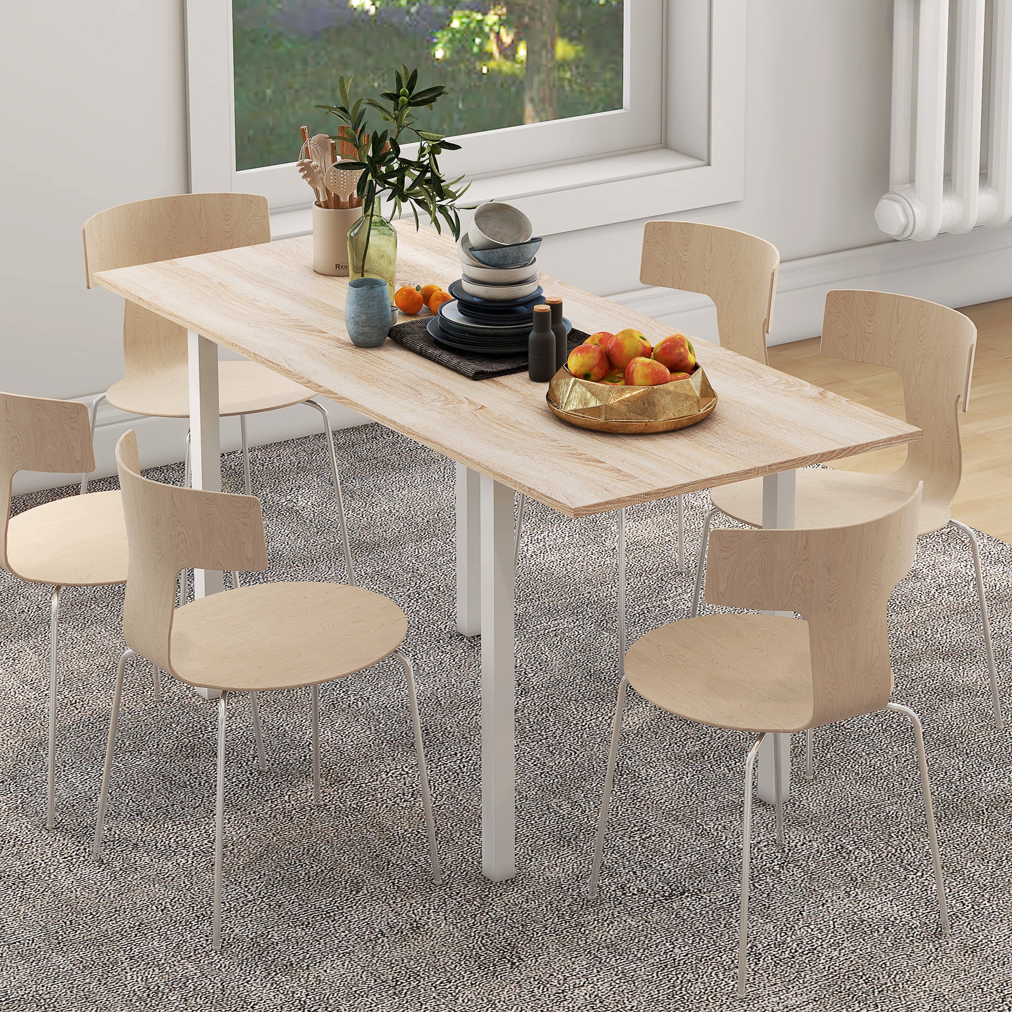 Extendable Dining Table for 4-6 People Modern Kitchen Table with Steel Legs for Dining Room 160x70x76 cm Natural Wood