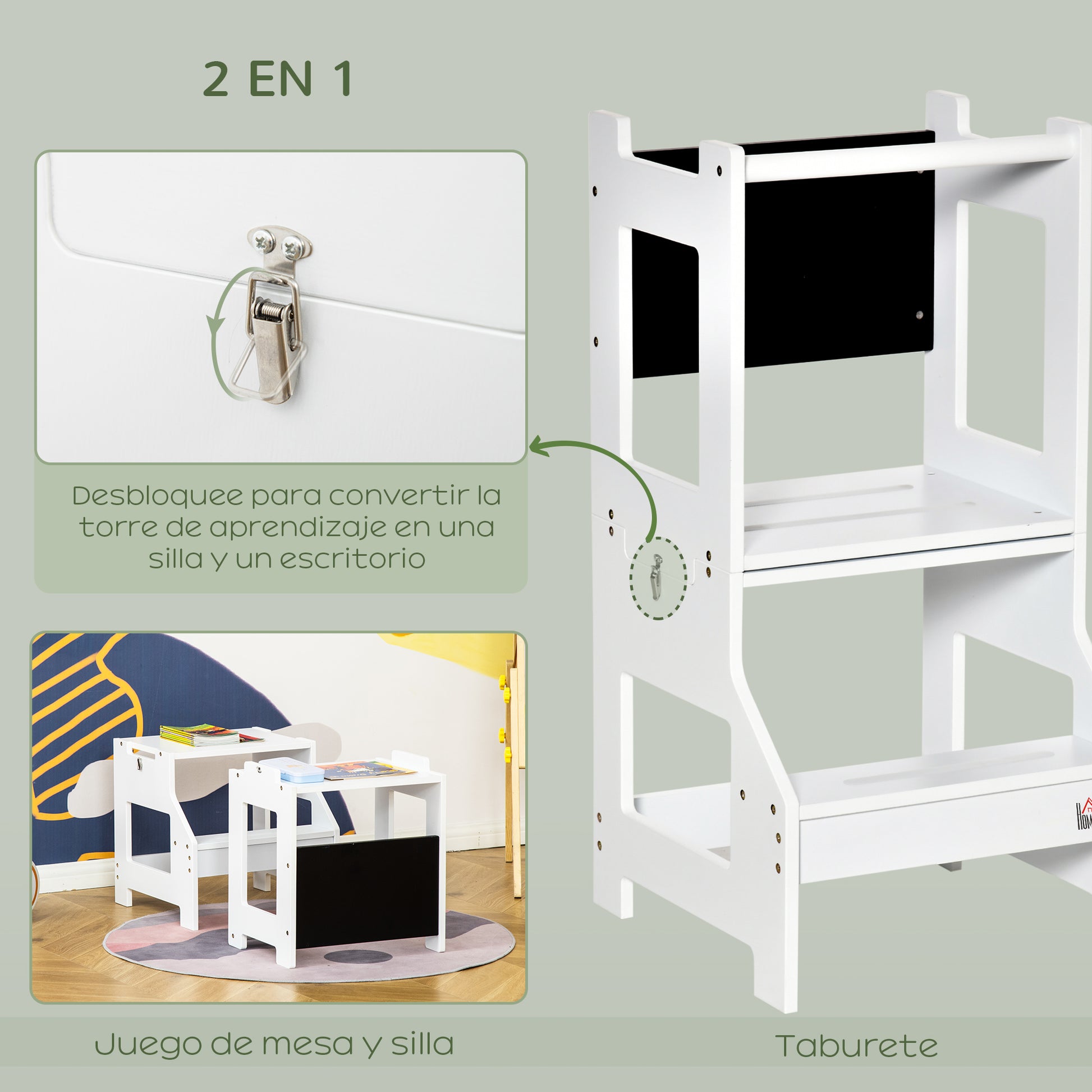 2-in-1 Learning Tower Children's Step Stool for 3+ Years Convertible into Desk with Chalkboard and Safety Rail 42x44x86 cm White