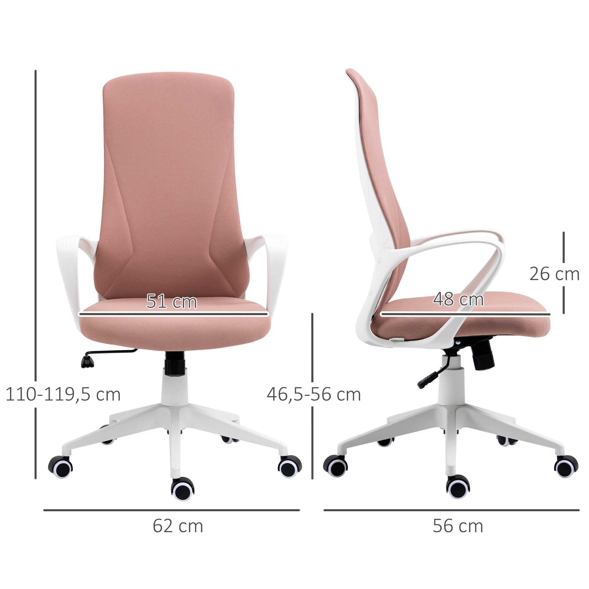 Swivel Office Chair Youth Desk Chair with Adjustable Height Rocking Function Armrests and High Backrest 62x56x110-119.5 cm Pink