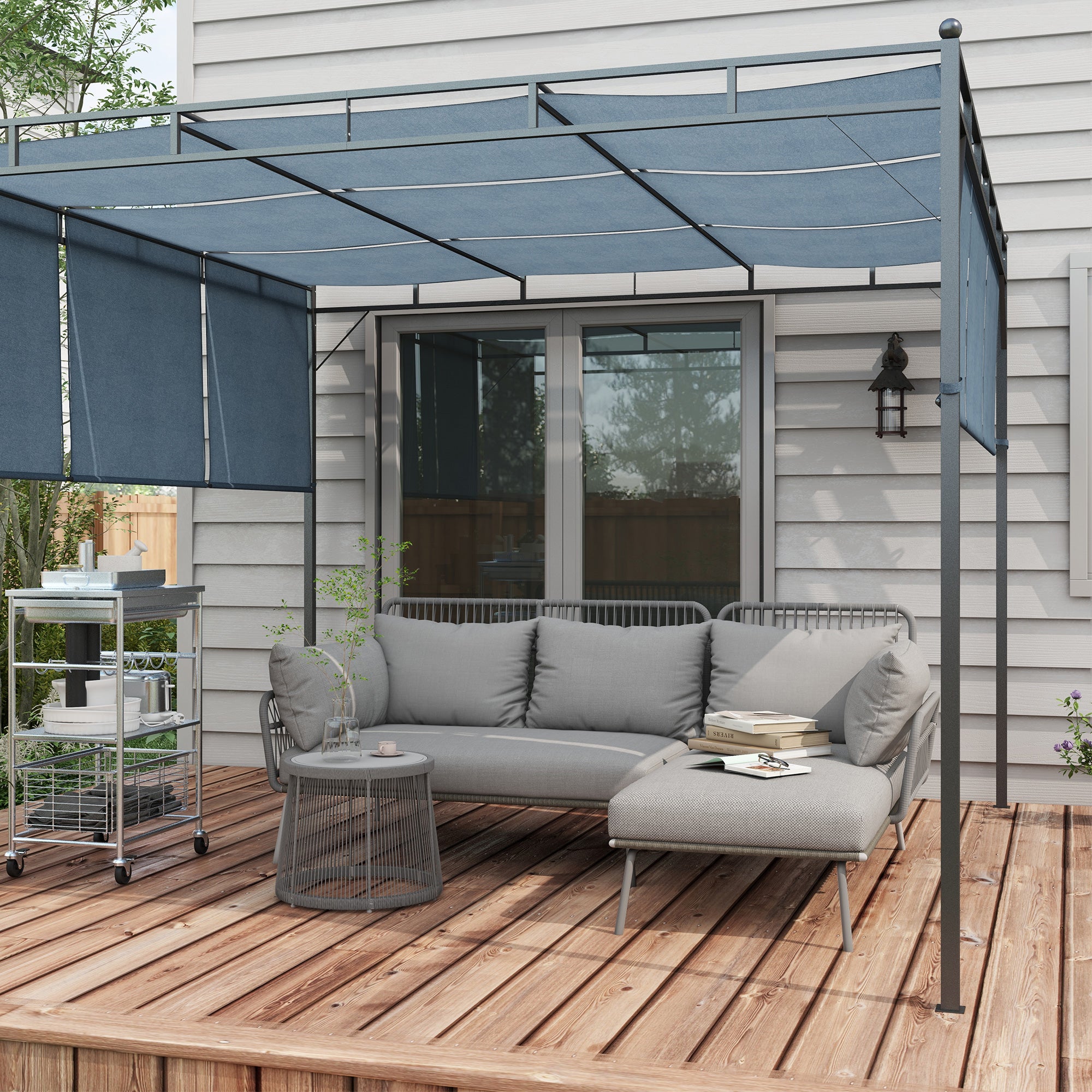 3 Piece Rattan Garden Furniture Set, Seating Group with Cushions, Patio Set with 1 Side Table, 1 Sun Lounger, 1 Double Sofa, Outdoor Furniture Set for Garden, Terrace, Steel, Light Grey