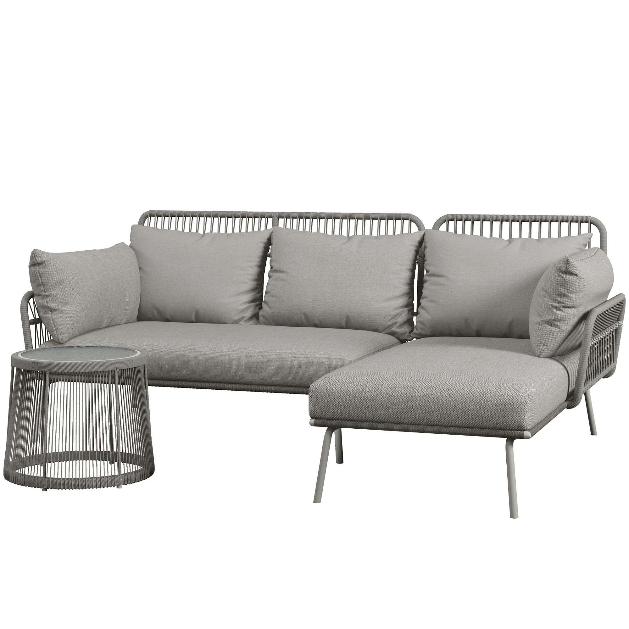 3 Piece Rattan Garden Furniture Set, Seating Group with Cushions, Patio Set with 1 Side Table, 1 Sun Lounger, 1 Double Sofa, Outdoor Furniture Set for Garden, Terrace, Steel, Light Grey