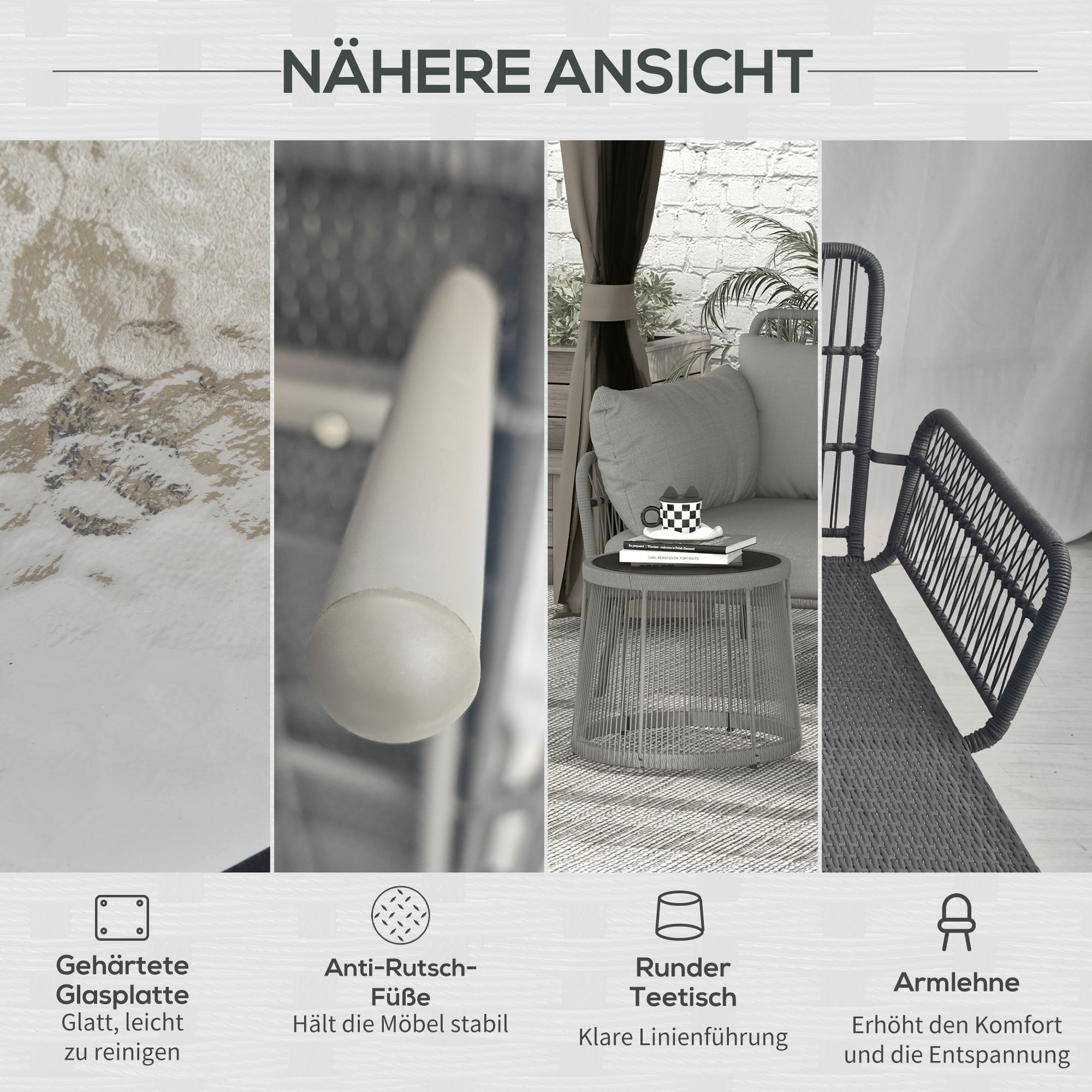 3 Piece Rattan Garden Furniture Set, Seating Group with Cushions, Patio Set with 1 Side Table, 1 Sun Lounger, 1 Double Sofa, Outdoor Furniture Set for Garden, Terrace, Steel, Light Grey