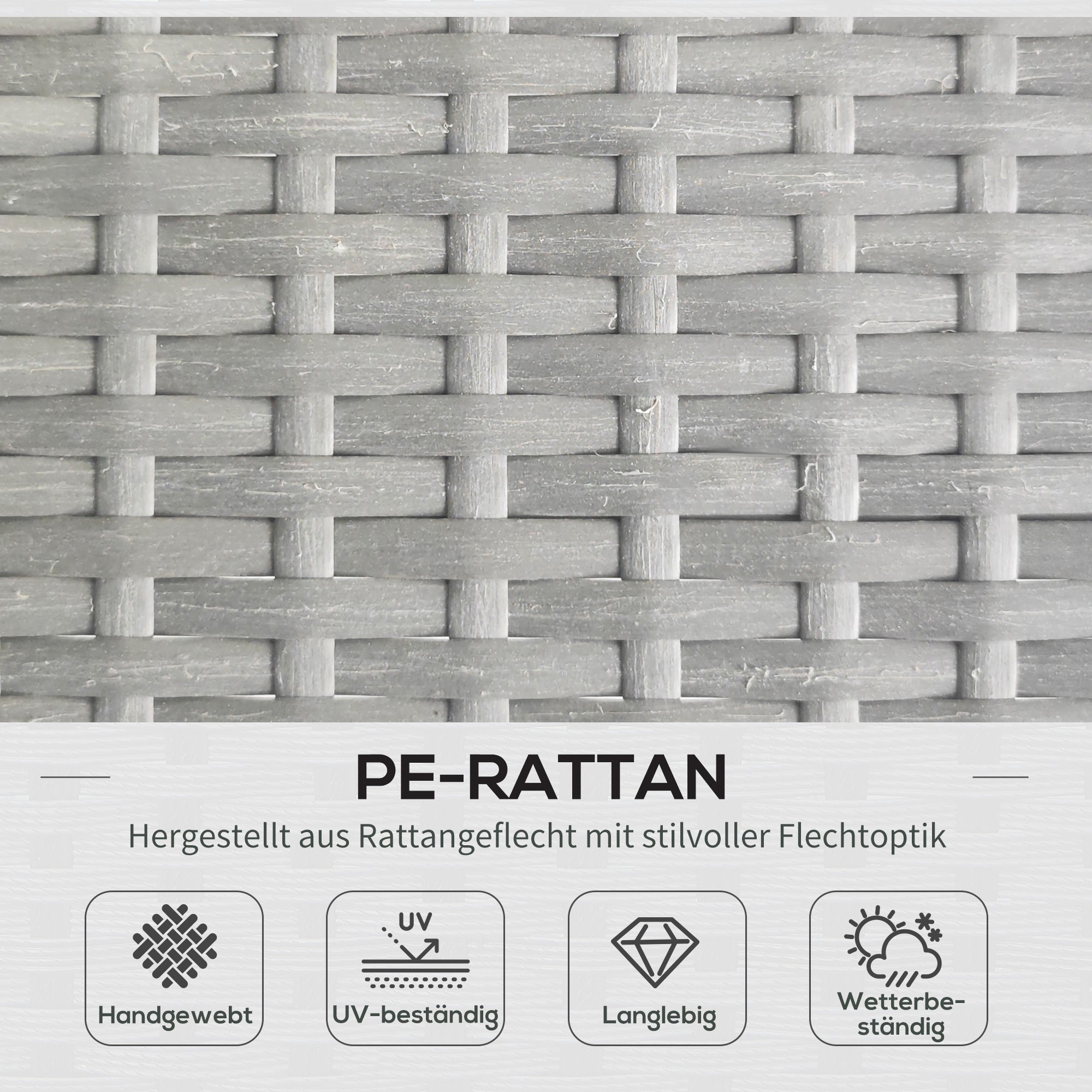 3 Piece Rattan Garden Furniture Set, Seating Group with Cushions, Patio Set with 1 Side Table, 1 Sun Lounger, 1 Double Sofa, Outdoor Furniture Set for Garden, Terrace, Steel, Light Grey