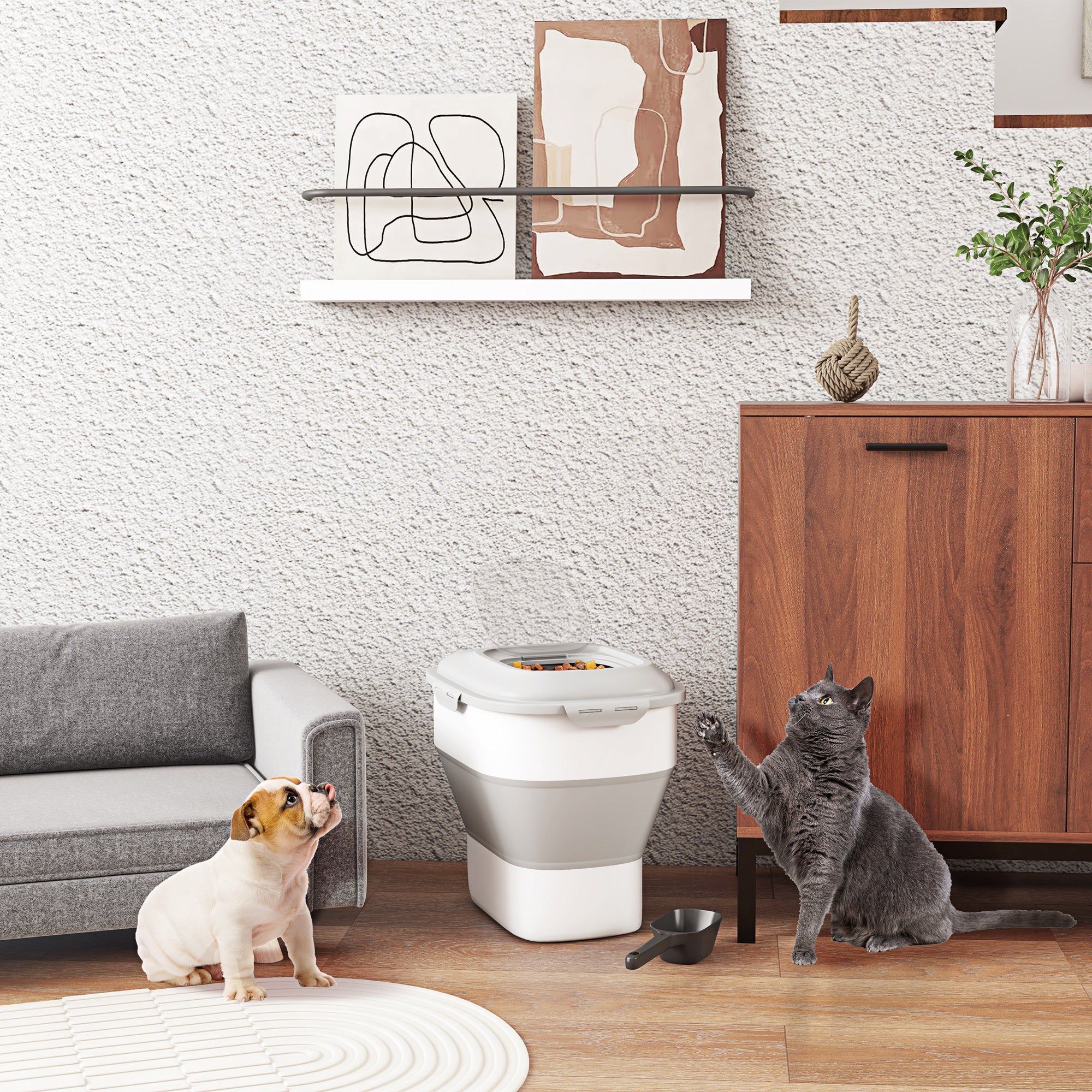 Dog Food Storage, 25 L Collapsible Food Container with Measuring Cup, Bowl, Spoon for Dogs, Cats Food Storage Box with Wheels, for Dry Food Gray