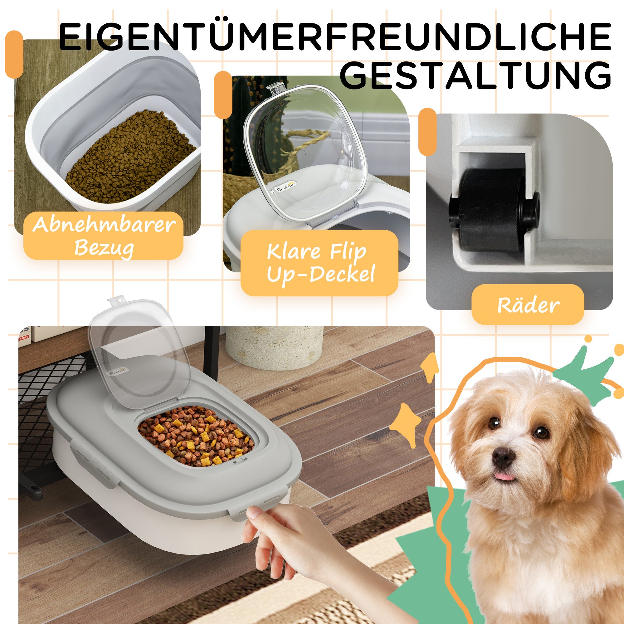 Dog Food Storage, 25 L Collapsible Food Container with Measuring Cup, Bowl, Spoon for Dogs, Cats Food Storage Box with Wheels, for Dry Food Gray