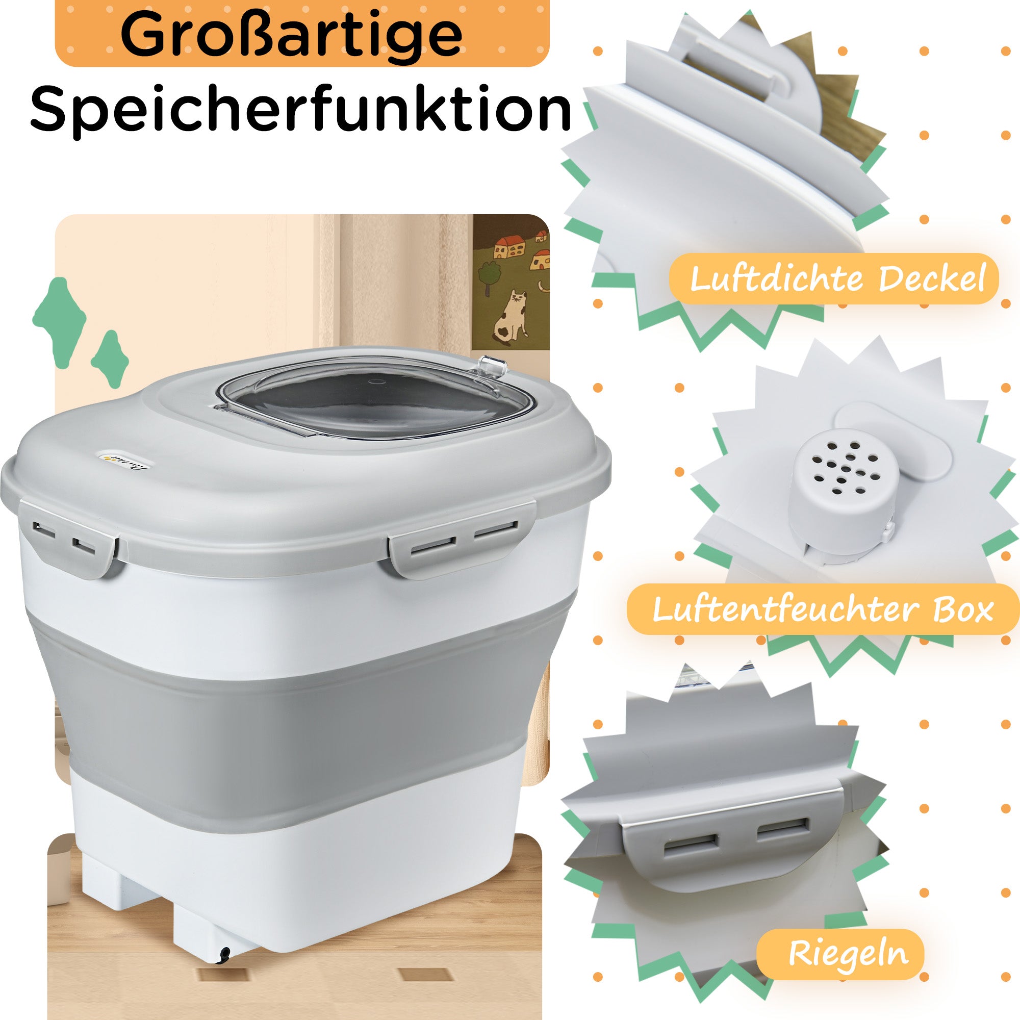 Dog Food Storage, 25 L Collapsible Food Container with Measuring Cup, Bowl, Spoon for Dogs, Cats Food Storage Box with Wheels, for Dry Food Gray