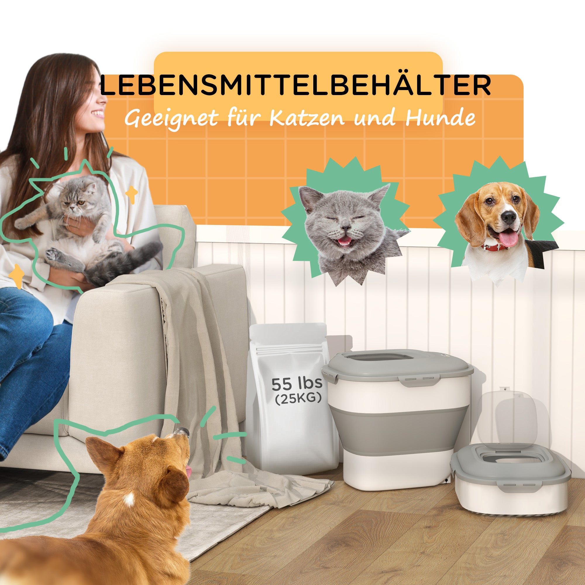 Dog Food Storage, 25 L Collapsible Food Container with Measuring Cup, Bowl, Spoon for Dogs, Cats Food Storage Box with Wheels, for Dry Food Gray