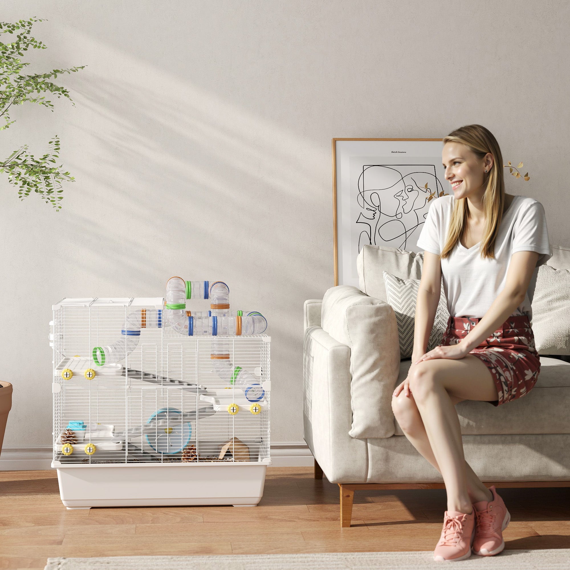 Hamster Cage 4 Levels with Tubes, Wheel, 3 Doors, and Tray, Metal, PP and PS, White