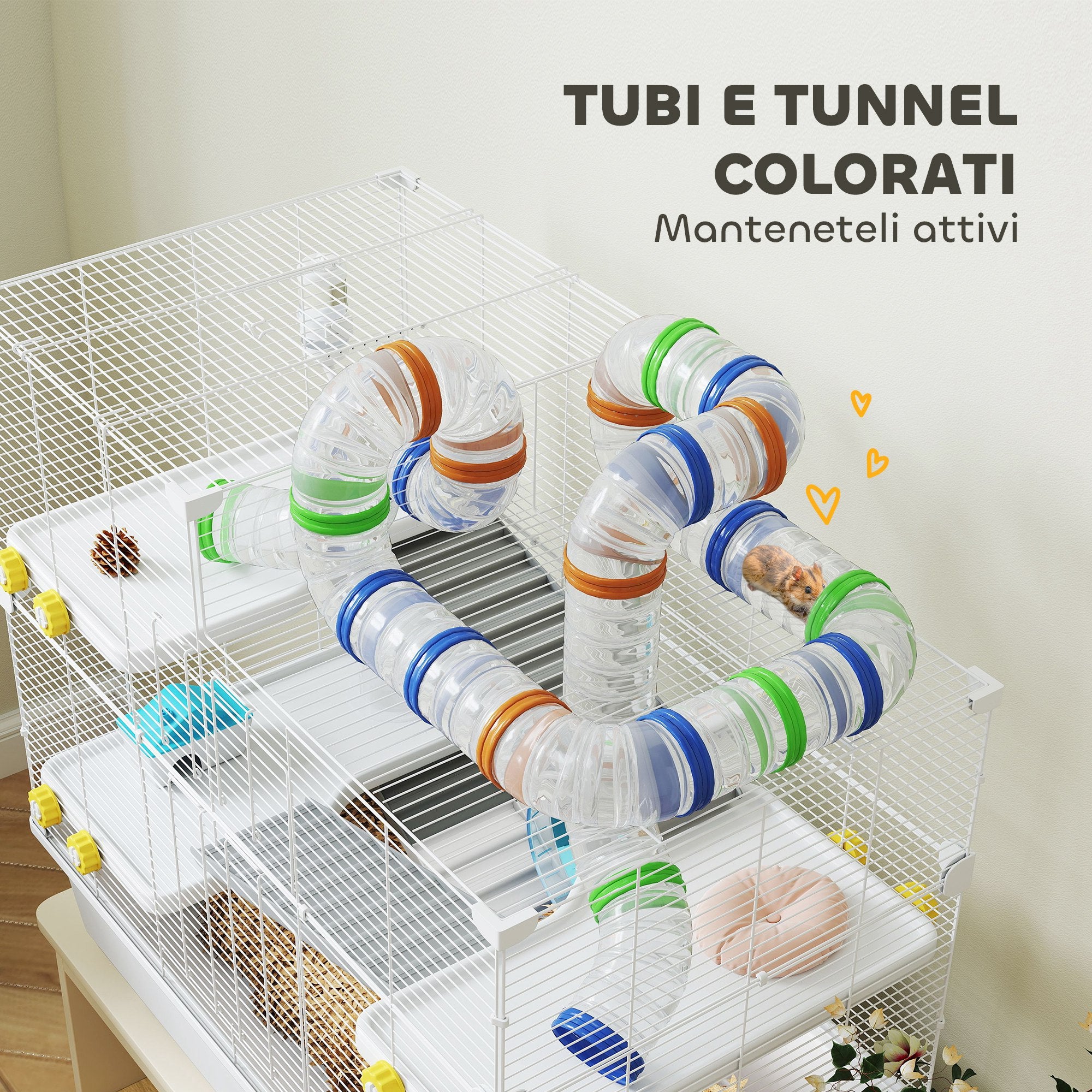 Hamster Cage 4 Levels with Tubes, Wheel, 3 Doors, and Tray, Metal, PP and PS, White