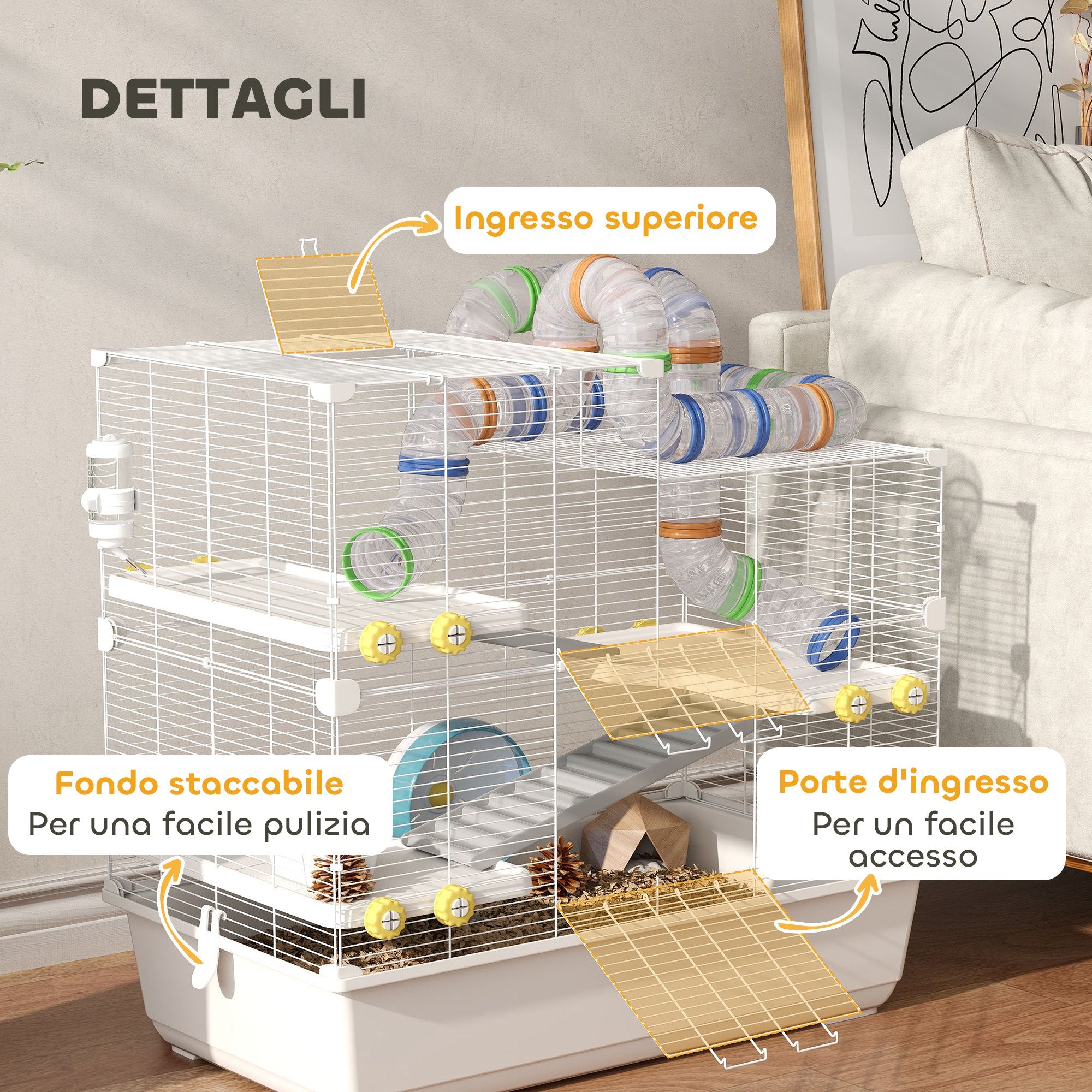 Hamster Cage 4 Levels with Tubes, Wheel, 3 Doors, and Tray, Metal, PP and PS, White