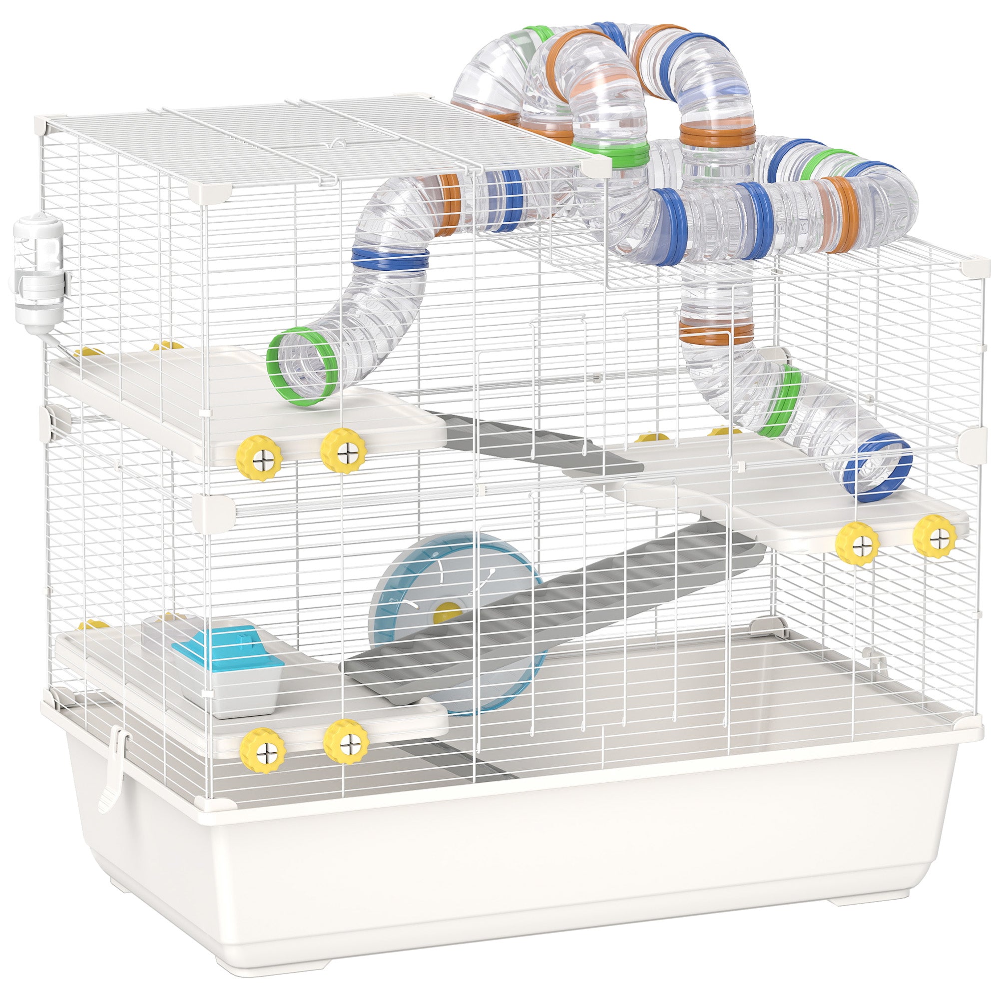 Hamster Cage 4 Levels with Tubes, Wheel, 3 Doors, and Tray, Metal, PP and PS, White