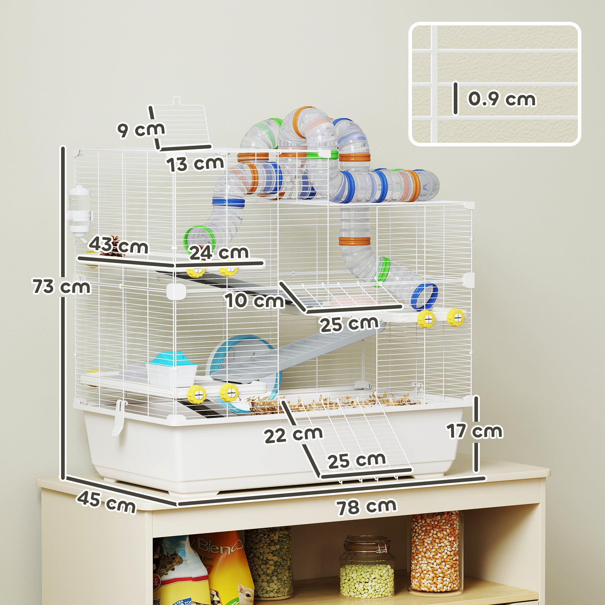 Hamster Cage 4 Levels with Tubes, Wheel, 3 Doors, and Tray, Metal, PP and PS, White