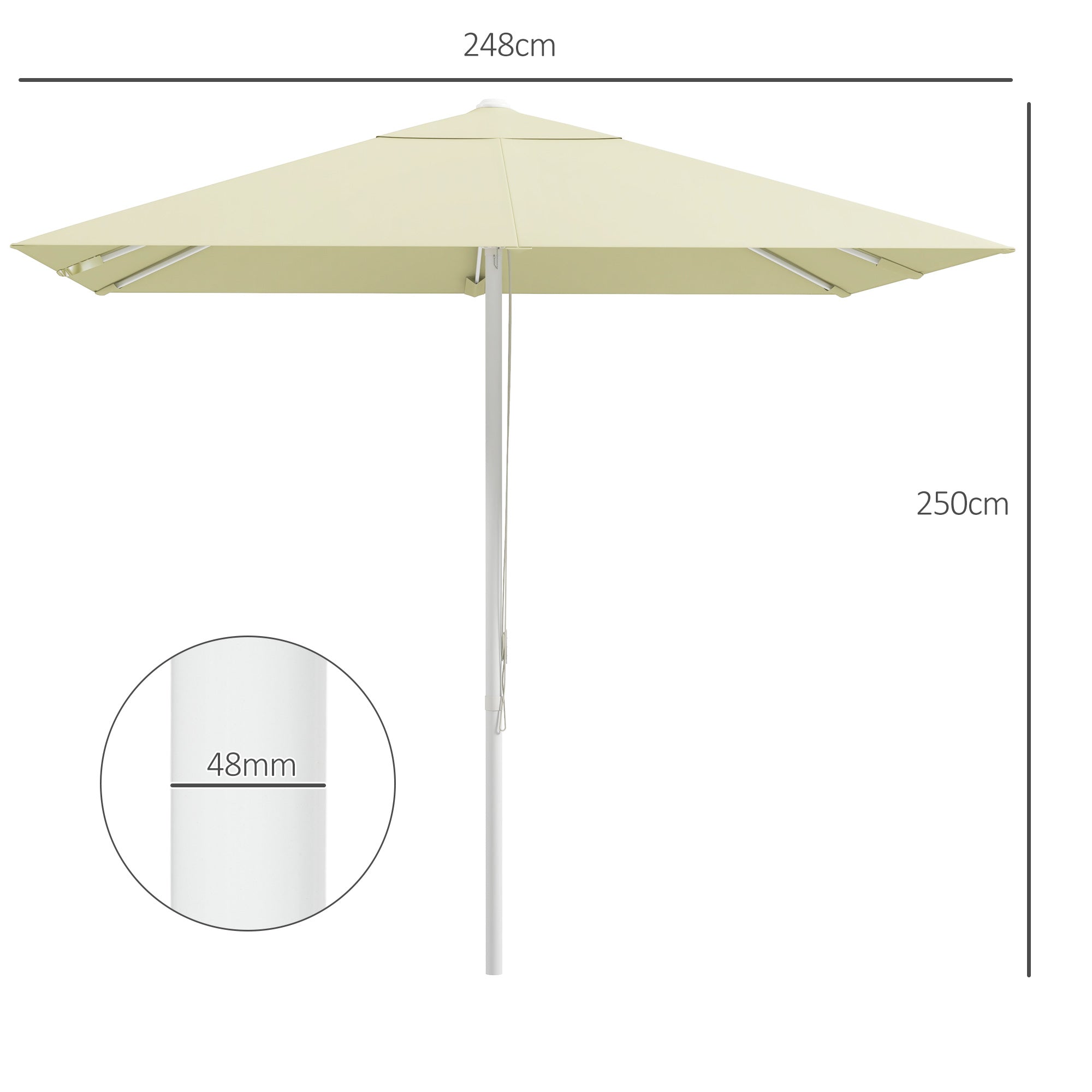 Garden Parasol, Square Outdoor Umbrella 2.48 x 2.48 x 2.50 m, 2 Adjustable Heights, High-Density 180 g/m² Fabric, Aluminum and Metal, Beige