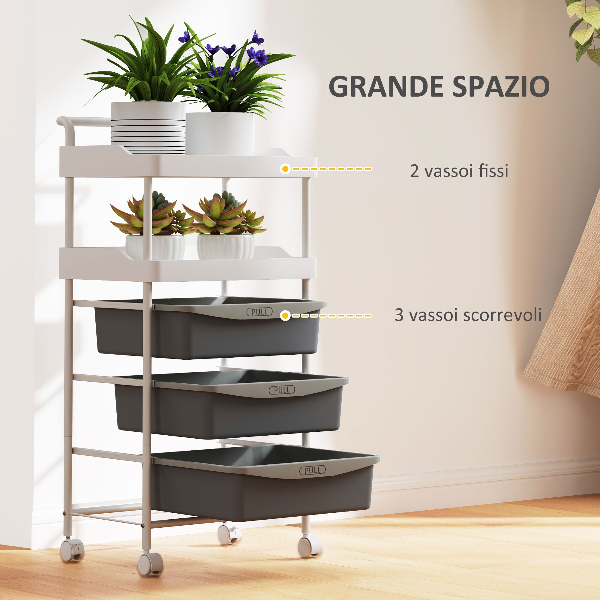 Space-saving Kitchen Trolley with 5 Levels and 2 Fixed Trays and 3 Sliding Trays, Storage Trolley with Steel and PP Wheels, for Living Room, Kitchen, Office, 40x34x85 cm, White