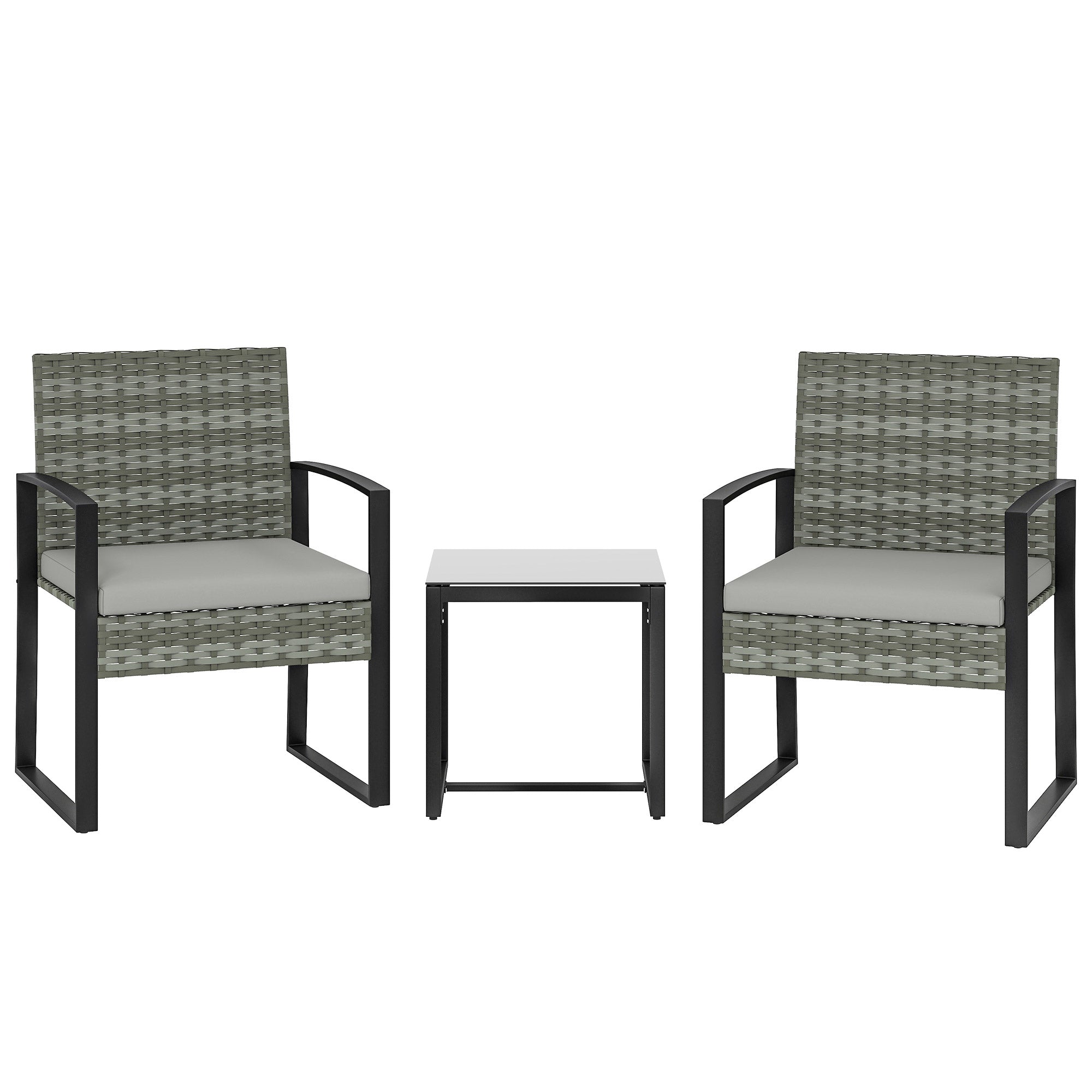 PE Rattan Bistro Set, 3-Piece Garden Set with 2 Chairs, Side Table, Removable Cushions, Balcony/Patio, Light Gray