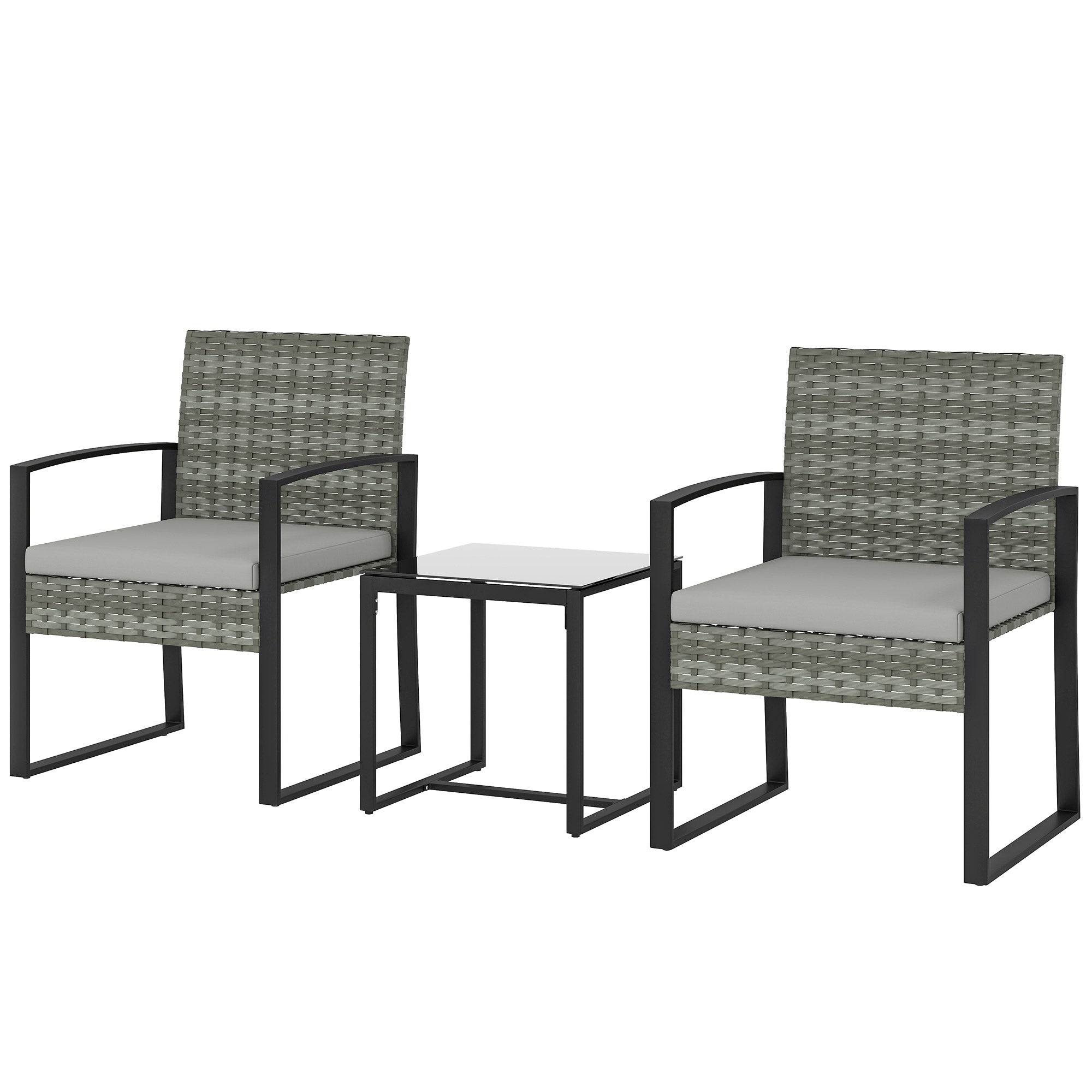 PE Rattan Bistro Set, 3-Piece Garden Set with 2 Chairs, Side Table, Removable Cushions, Balcony/Patio, Light Gray