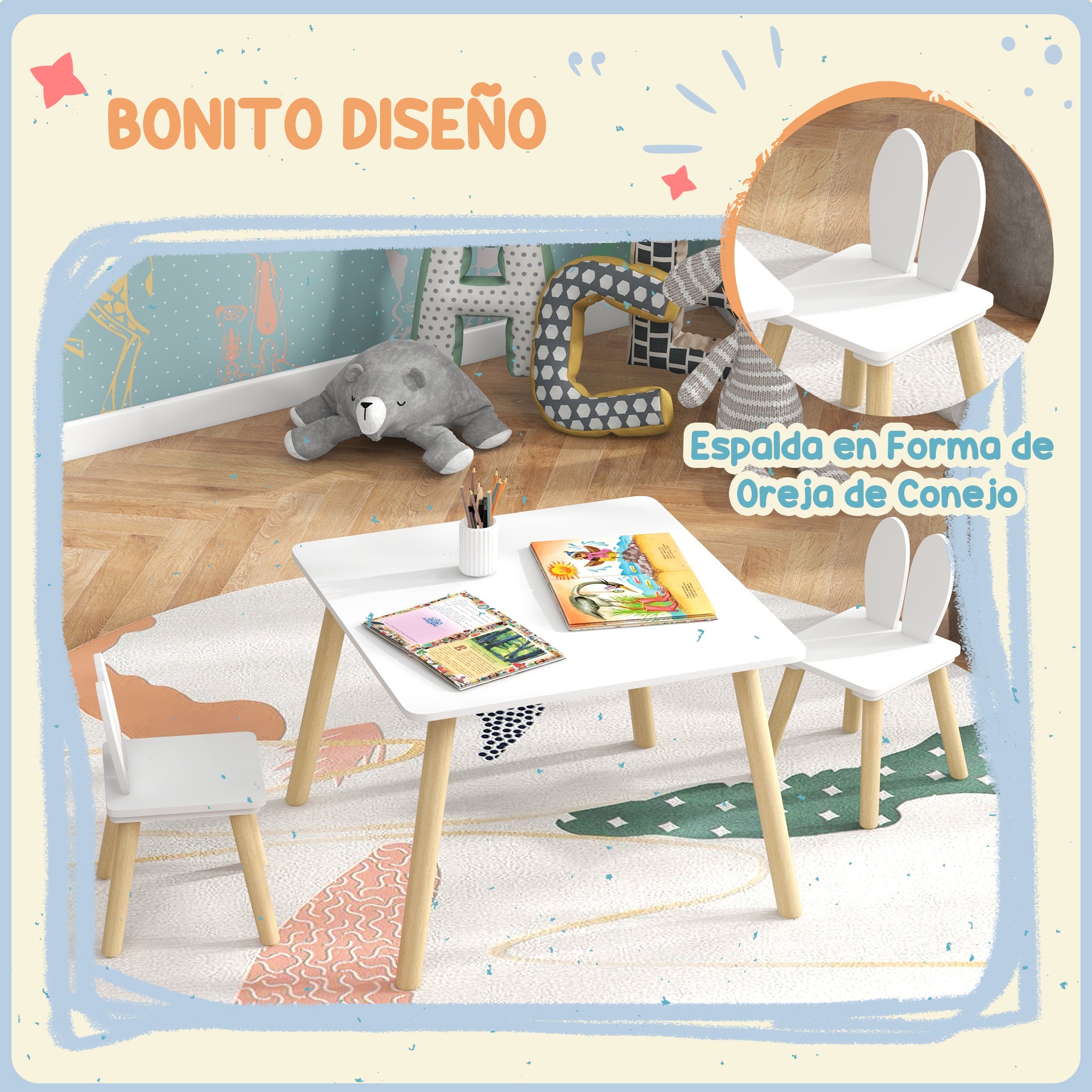Children's Table and 2 Chairs Set Kids Table with Rabbit Ear Backrests Children's Table for Nursery Playroom White
