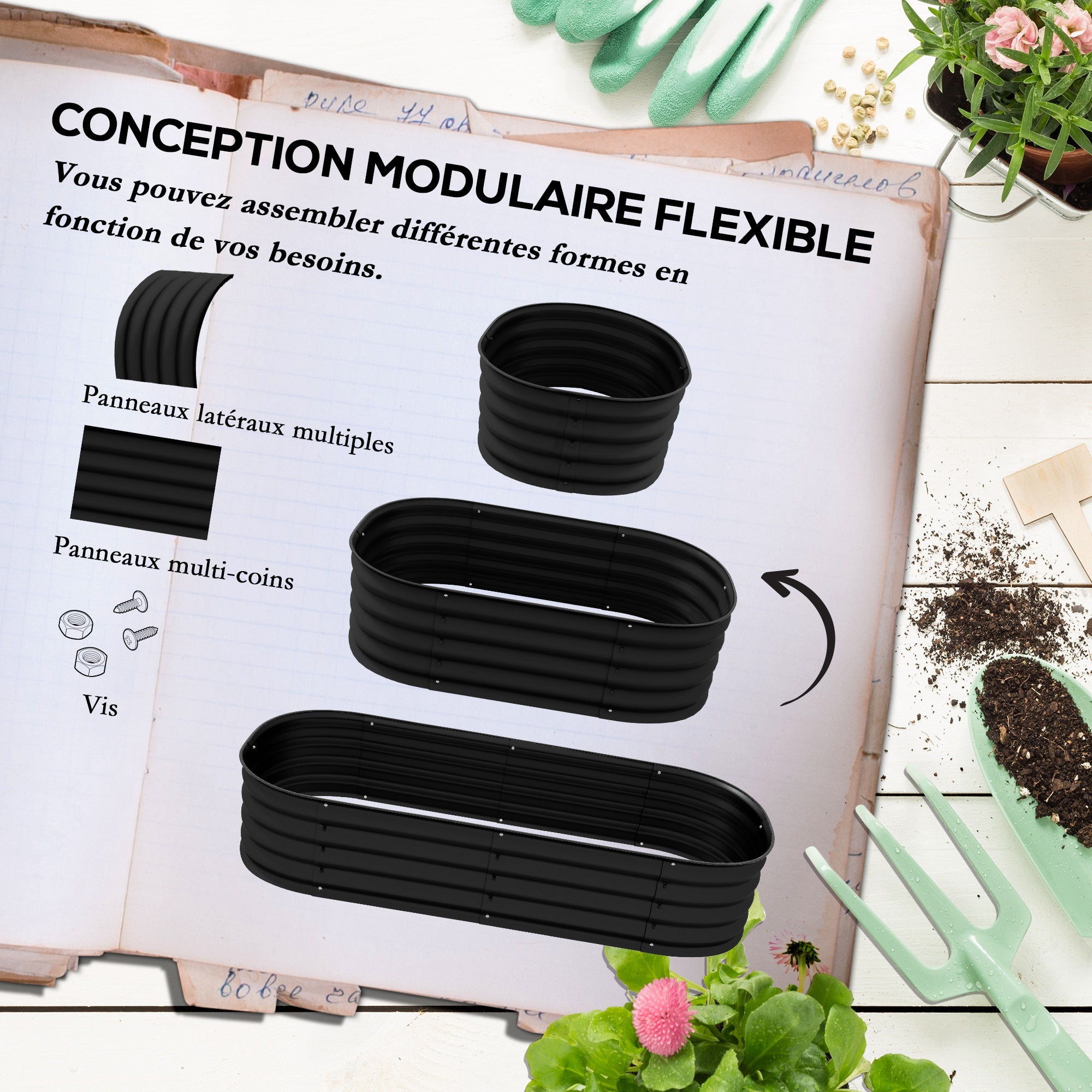 Modular Raised Garden Bed Vegetable Planter Steel Planter Box for Vegetables, Plants, Flowers, 150 x 62 x 30cm, Black