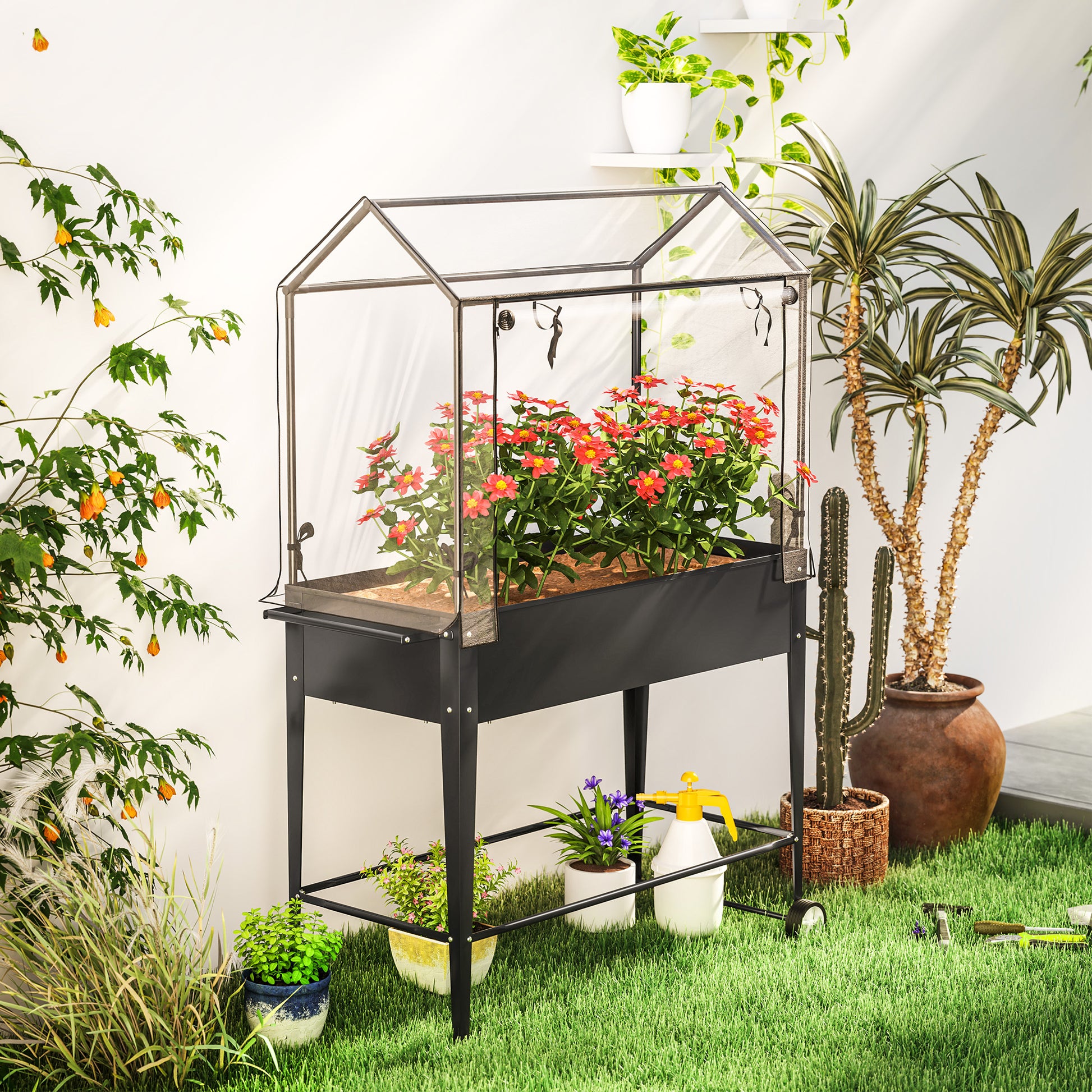 Raised Garden Bed with PVC Cover, Raised Planter with Wheels, Roll-Up Zippered Door and Drainage Hole, Mini Greenhouse for Vegetables, Flowers, Herbs, 100 x 45 x 152 cm, Black