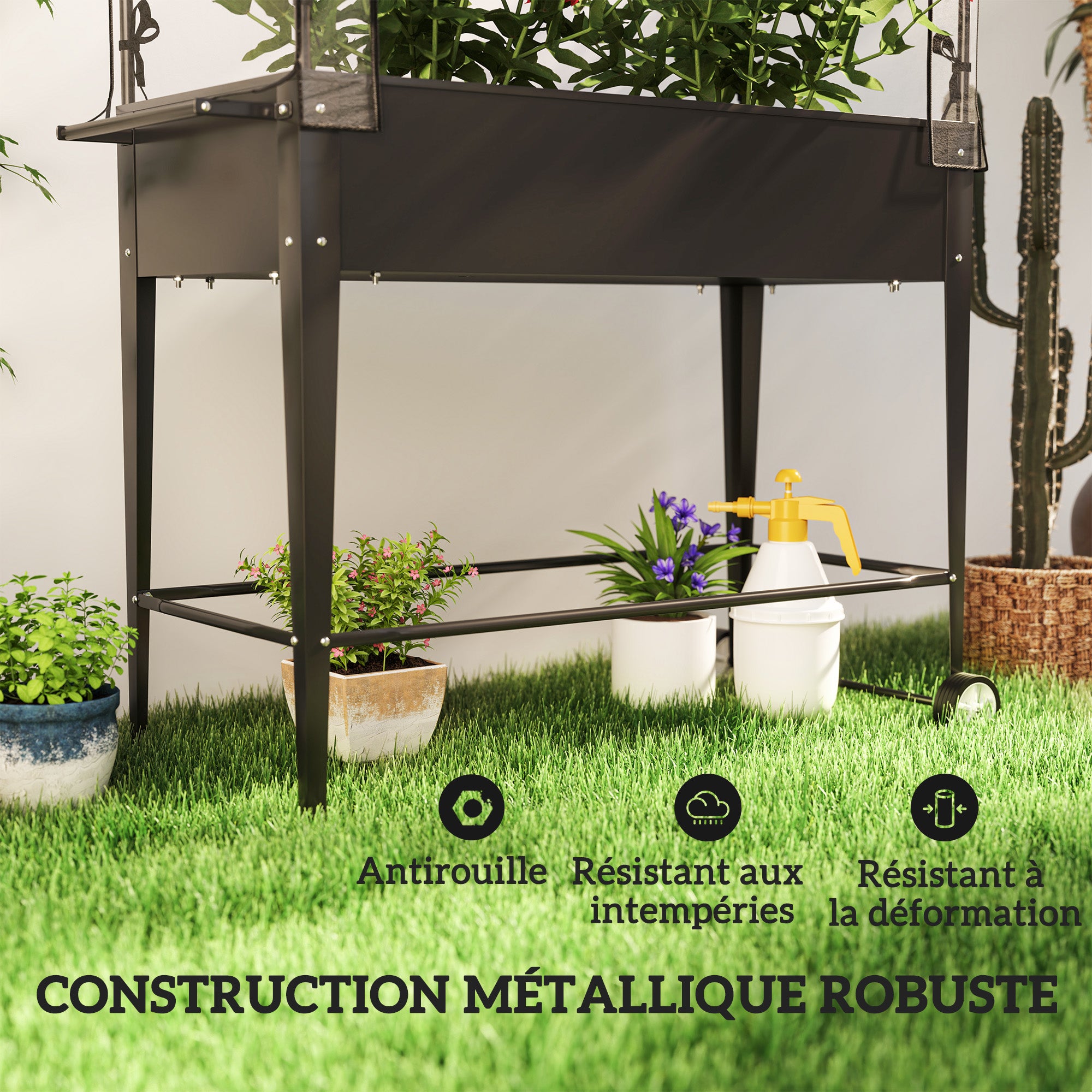 Raised Garden Bed with PVC Cover, Raised Planter with Wheels, Roll-Up Zippered Door and Drainage Hole, Mini Greenhouse for Vegetables, Flowers, Herbs, 100 x 45 x 152 cm, Black