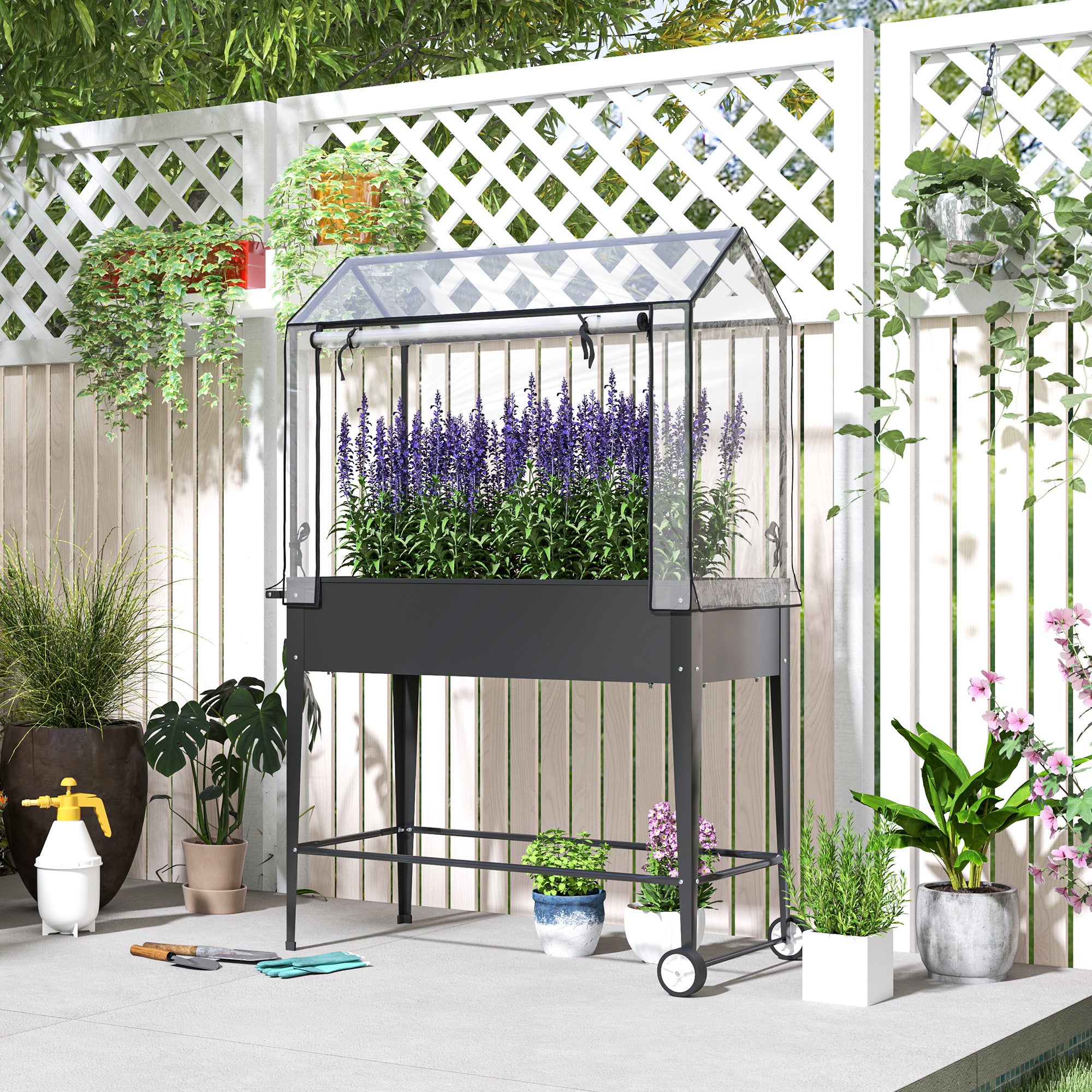 Raised Garden Bed with PVC Cover, Raised Planter with Wheels, Roll-Up Zippered Door and Drainage Hole, Mini Greenhouse for Vegetables, Flowers, Herbs, 100 x 45 x 152 cm, Black