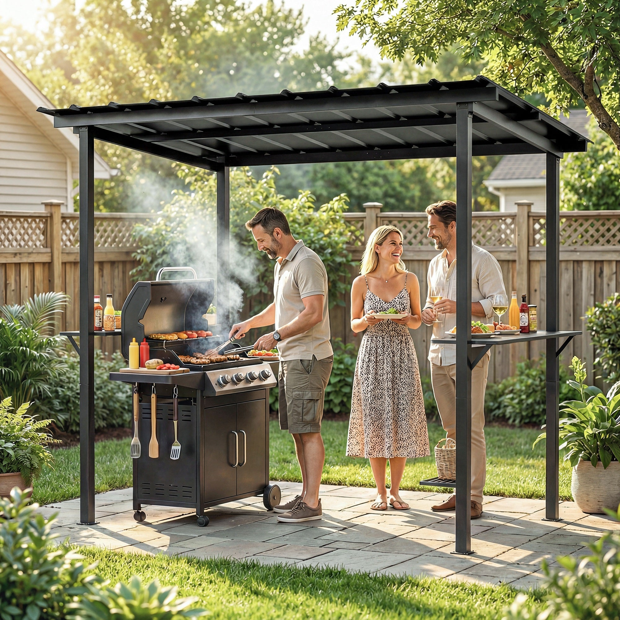 BBQ Pavilion 8 ft 11 in x 6 ft 0 in Garden Gazebo with Lean-to Roof, Side Shelves, UPF50+ Protection, Black