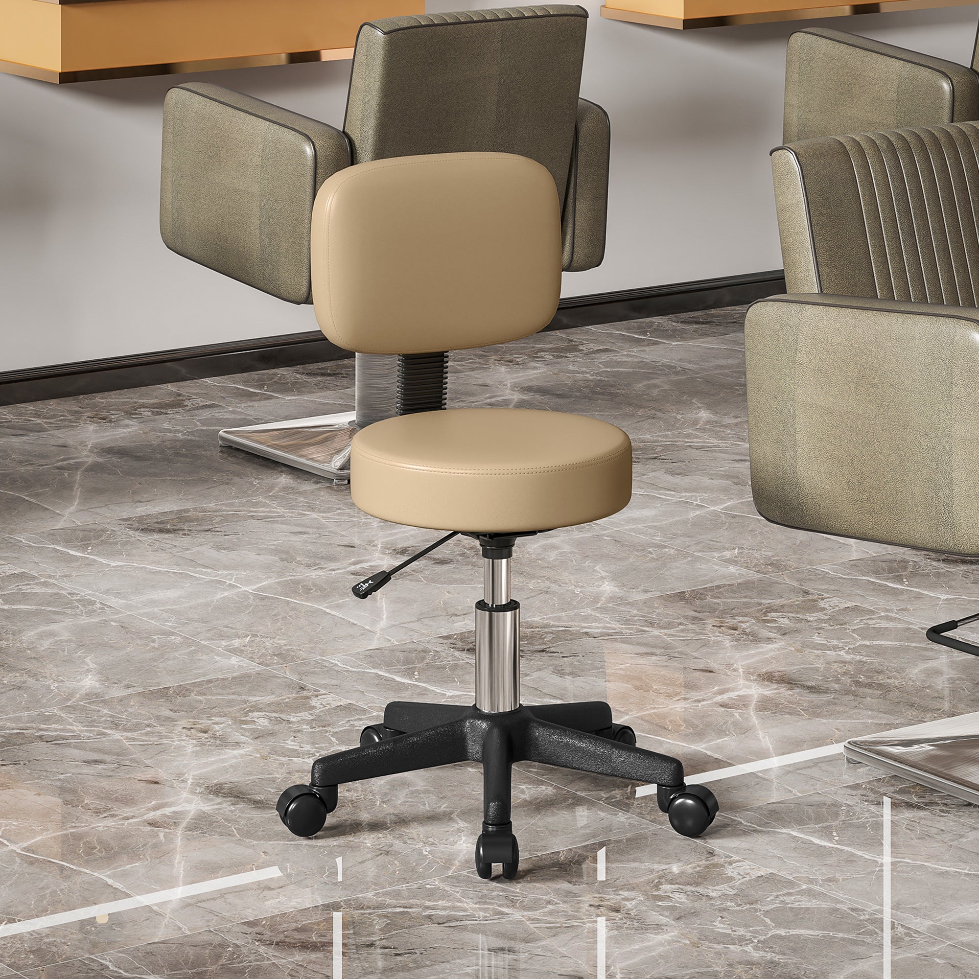 Rolling Stool with Backrest, Height Adjustable (72–84 cm / 28.3–33.1 in), 360° Swivel Office/Salon/Massage Stool – Light Brown