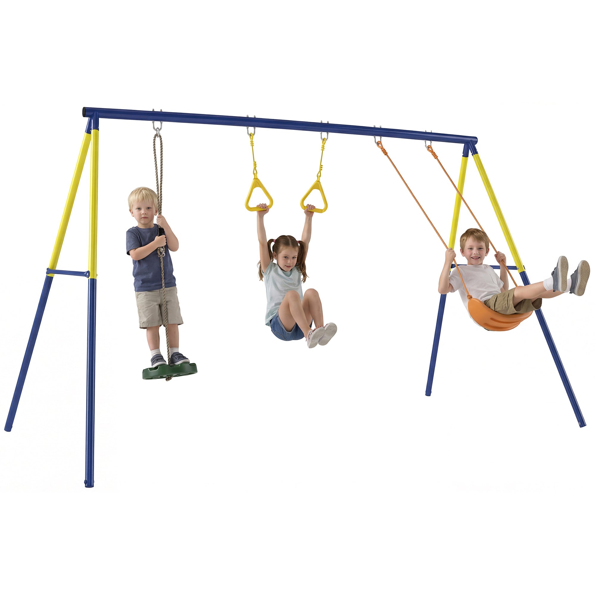 3-in-1 Kids Garden Swing Set with Standing Swing & Gym Rings, A-Frame Steel, Double Swings, 331 lb Capacity, Outdoor, Ages 3-8, 112.2 x 63 x 71.3 in