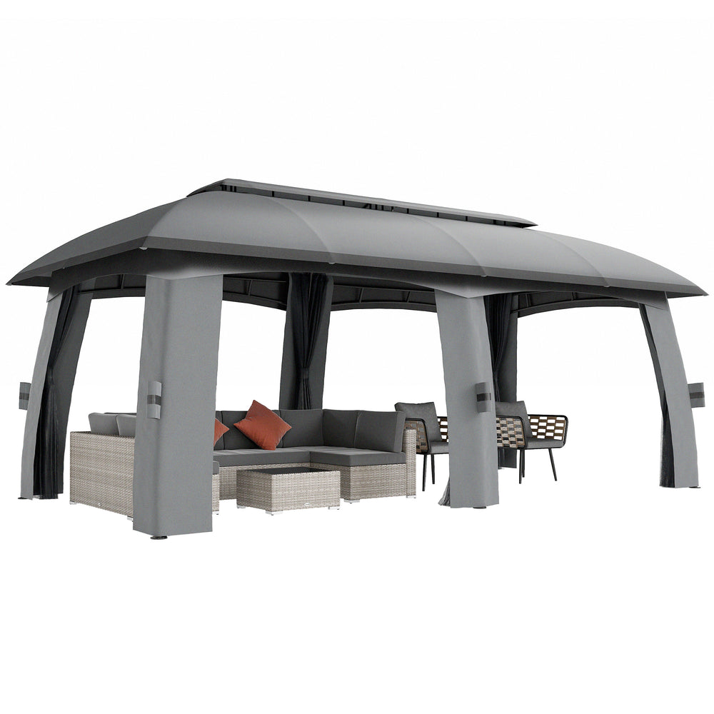 Outsunny Pavillon, 3 x 6 m Festtelt med Dobbelt Tag, Have Gazebo, Øltelt med Myggenet, til op til 15 Personer, til Have, Galvaniseret Metal, Mørkegrå