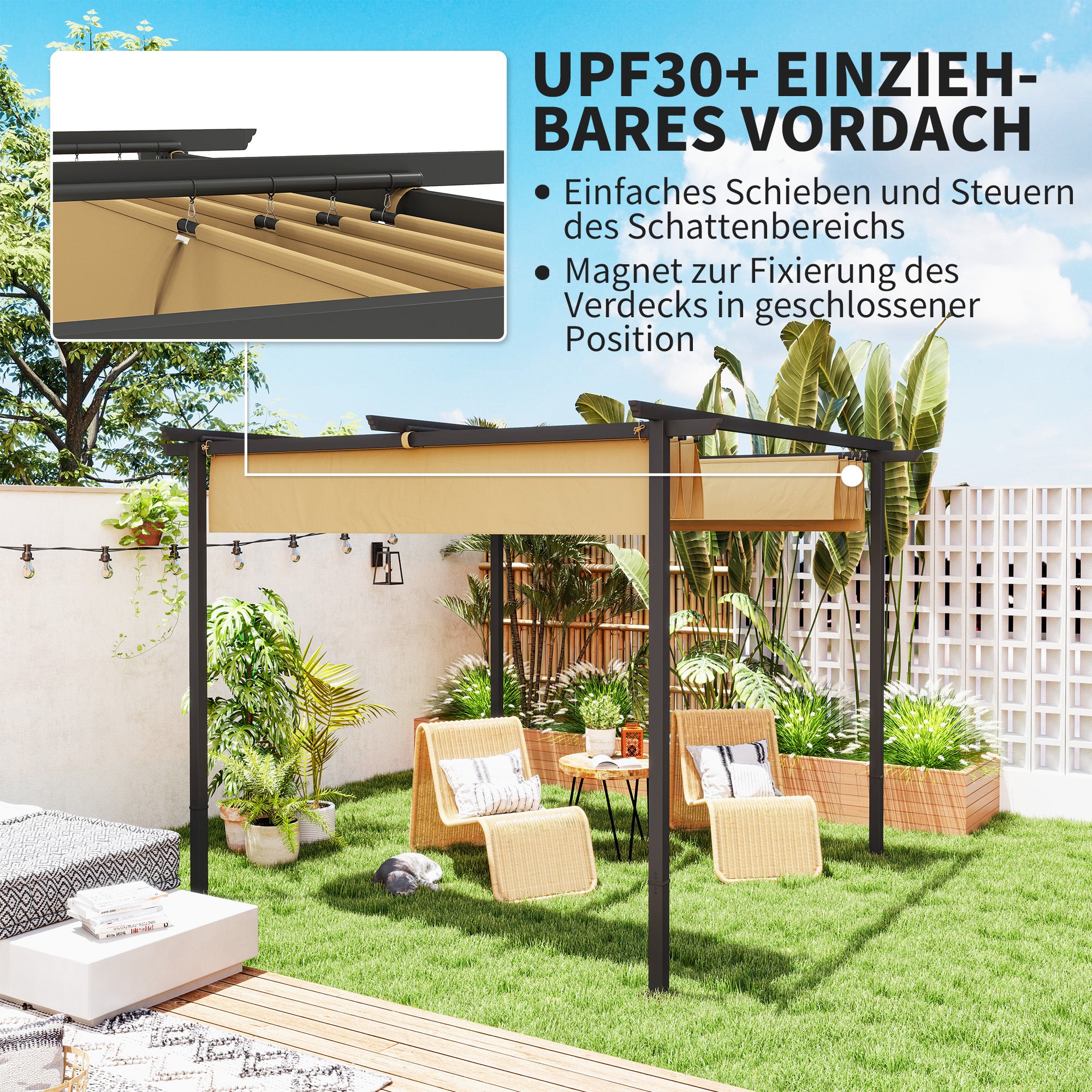 Pergola 3x3m Garden Pavilion Terraced Roofing made of Metal, Garden Pavilion with Adjustable Sunroof, UV Protection 30+ Freestanding Sun Protection for Terrace and Garden, Beige