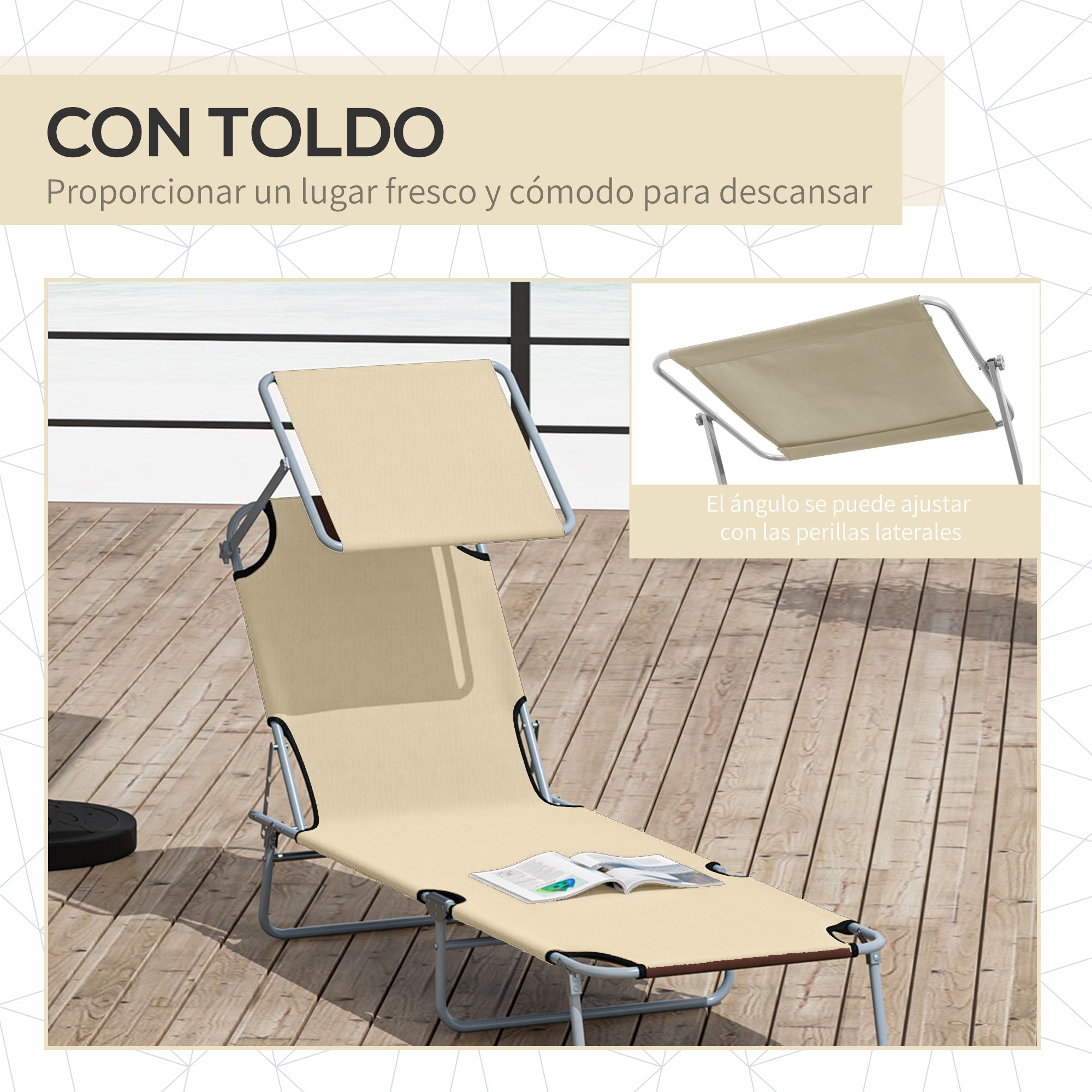 Foldable Lounger Outdoor Garden Recliner with Removable Adjustable Canopy Backrest Adjustable in 4 Levels for Terrace Pool Patio 187x58x36 cm Beige