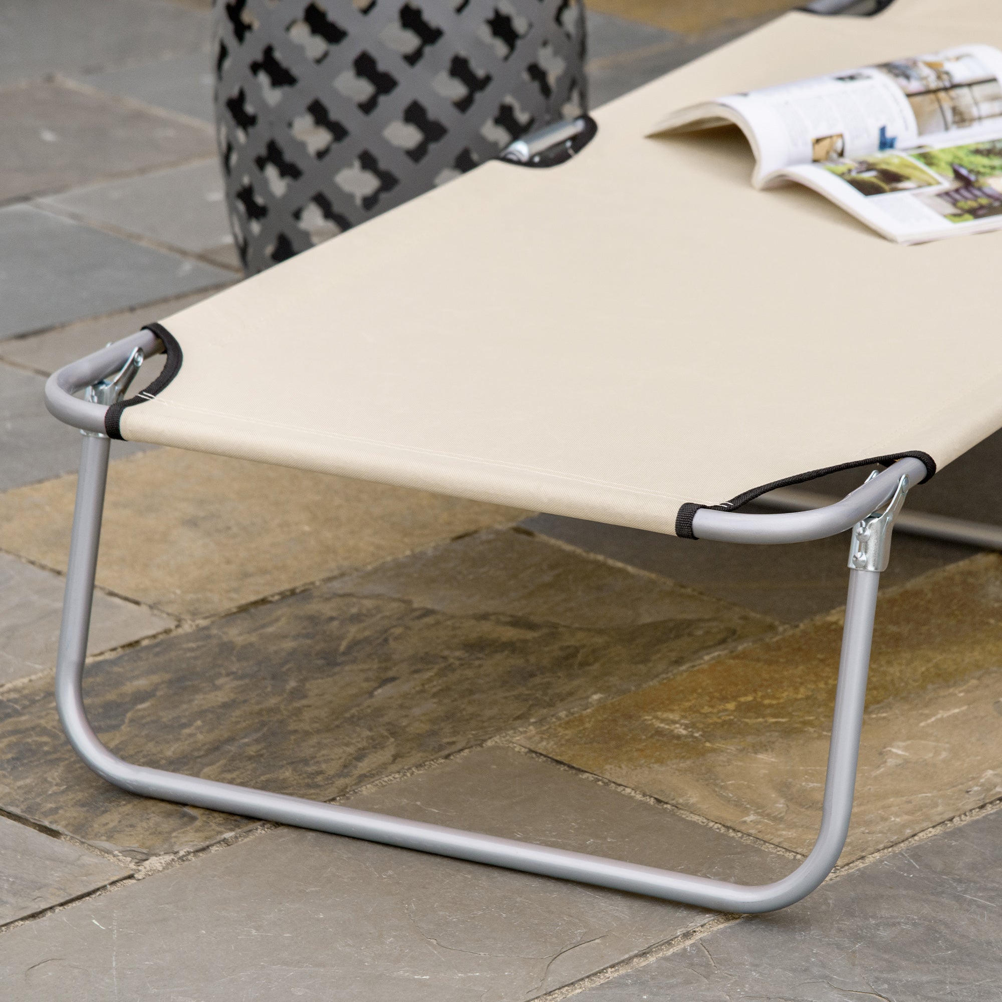Foldable Lounger Outdoor Garden Recliner with Removable Adjustable Canopy Backrest Adjustable in 4 Levels for Terrace Pool Patio 187x58x36 cm Beige