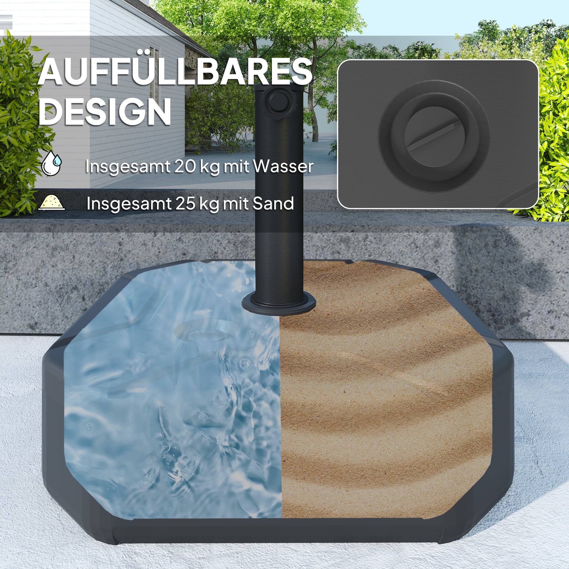 fillable umbrella stand up to 25 kg, Square umbrella holder, Umbrella weight, Stand for umbrella 38/48mm pole diameter, for balcony, terrace, garden, Black