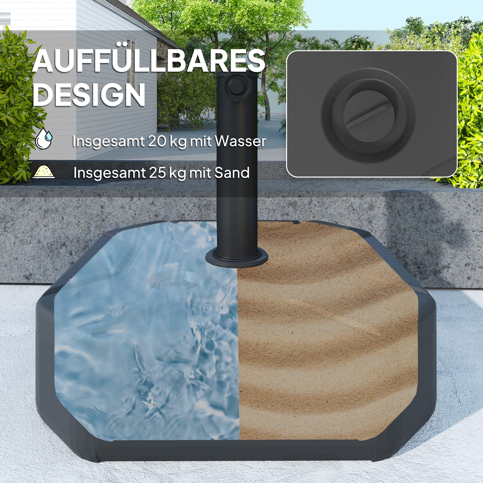 fillable umbrella stand up to 25 kg, Square umbrella holder, Umbrella weight, Stand for umbrella 38/48mm pole diameter, for balcony, terrace, garden, Black