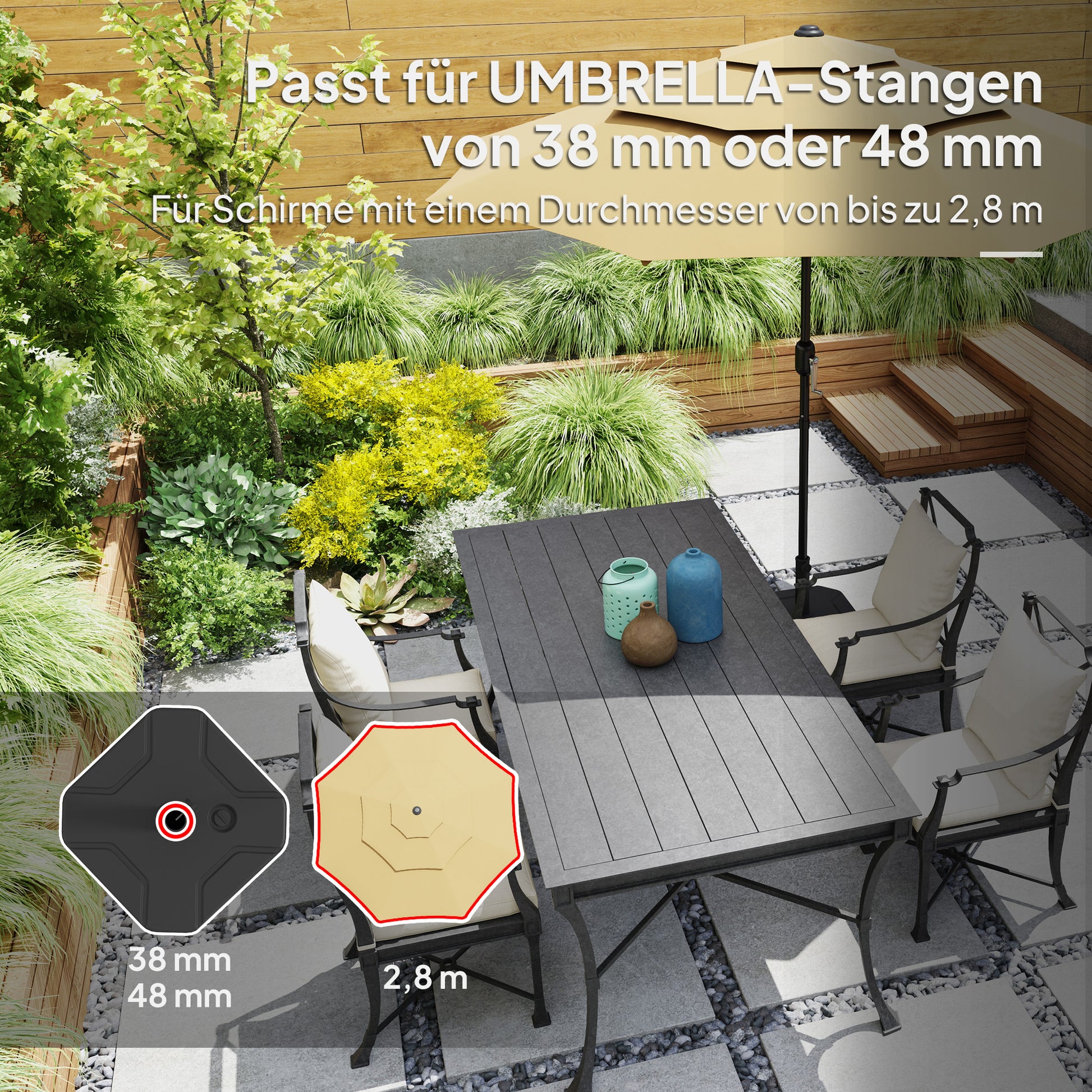fillable umbrella stand up to 25 kg, Square umbrella holder, Umbrella weight, Stand for umbrella 38/48mm pole diameter, for balcony, terrace, garden, Black