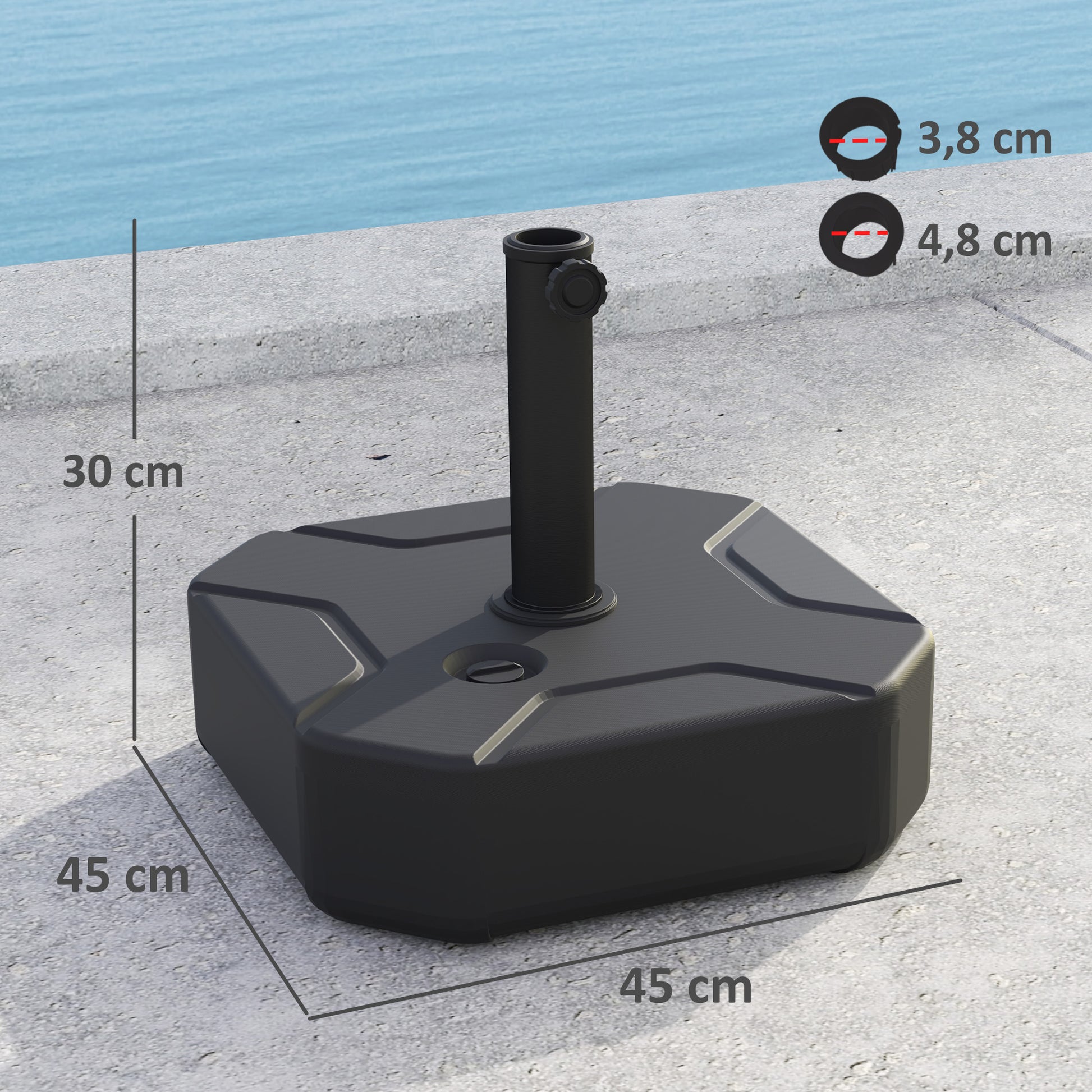 fillable umbrella stand up to 25 kg, Square umbrella holder, Umbrella weight, Stand for umbrella 38/48mm pole diameter, for balcony, terrace, garden, Black