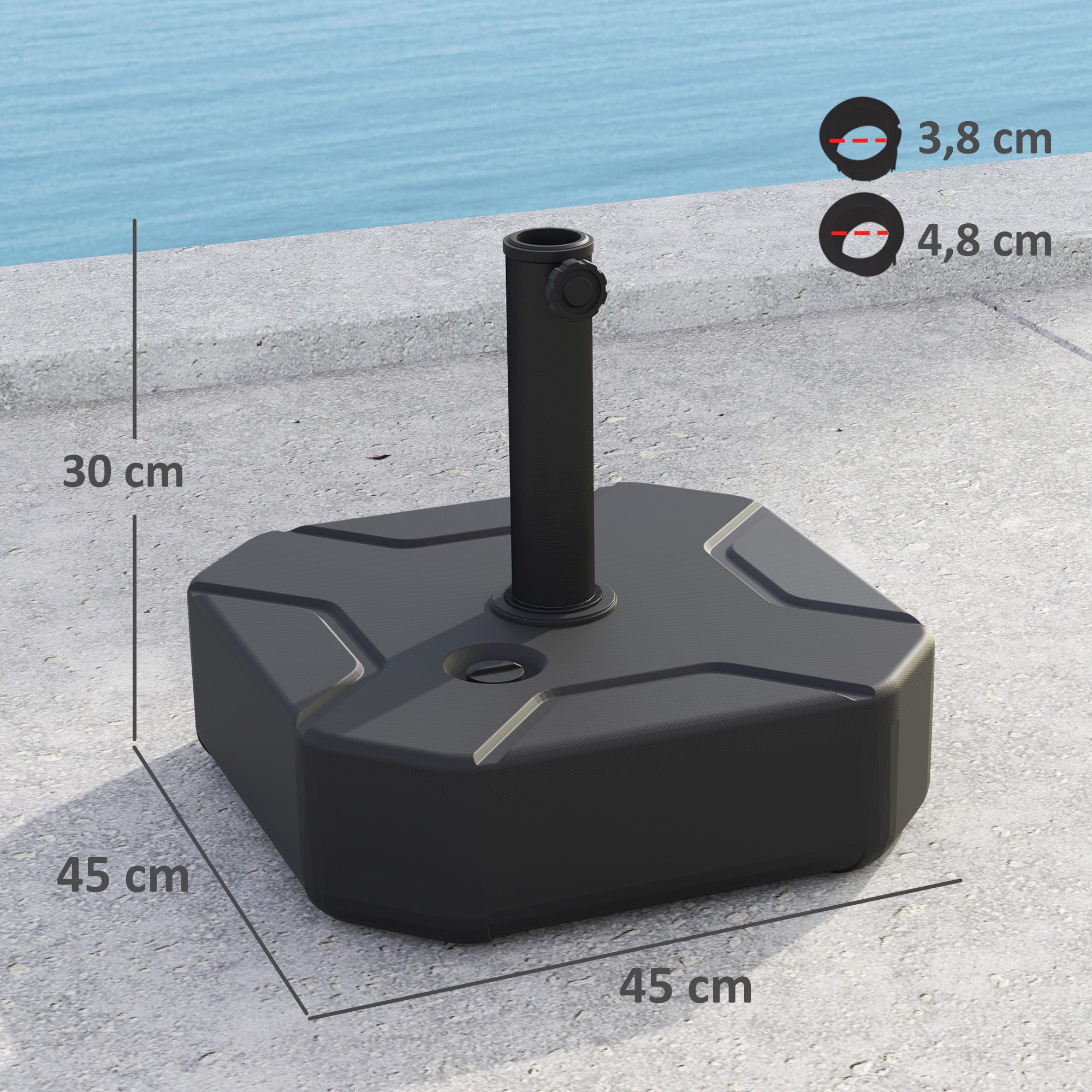 fillable umbrella stand up to 25 kg, Square umbrella holder, Umbrella weight, Stand for umbrella 38/48mm pole diameter, for balcony, terrace, garden, Black