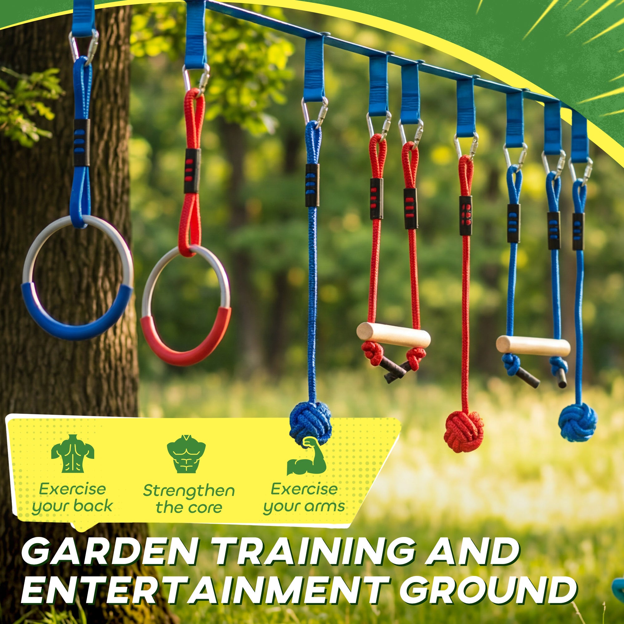 Ninja Line Kids 10 m (32.8 ft) — 9-Piece Slackline & Obstacle Set with Rings, 3-in-1 Swing, Climbing Bars, Tree Protection, Grip Balls & Carry Bag — Ages 3–8, Multicolor