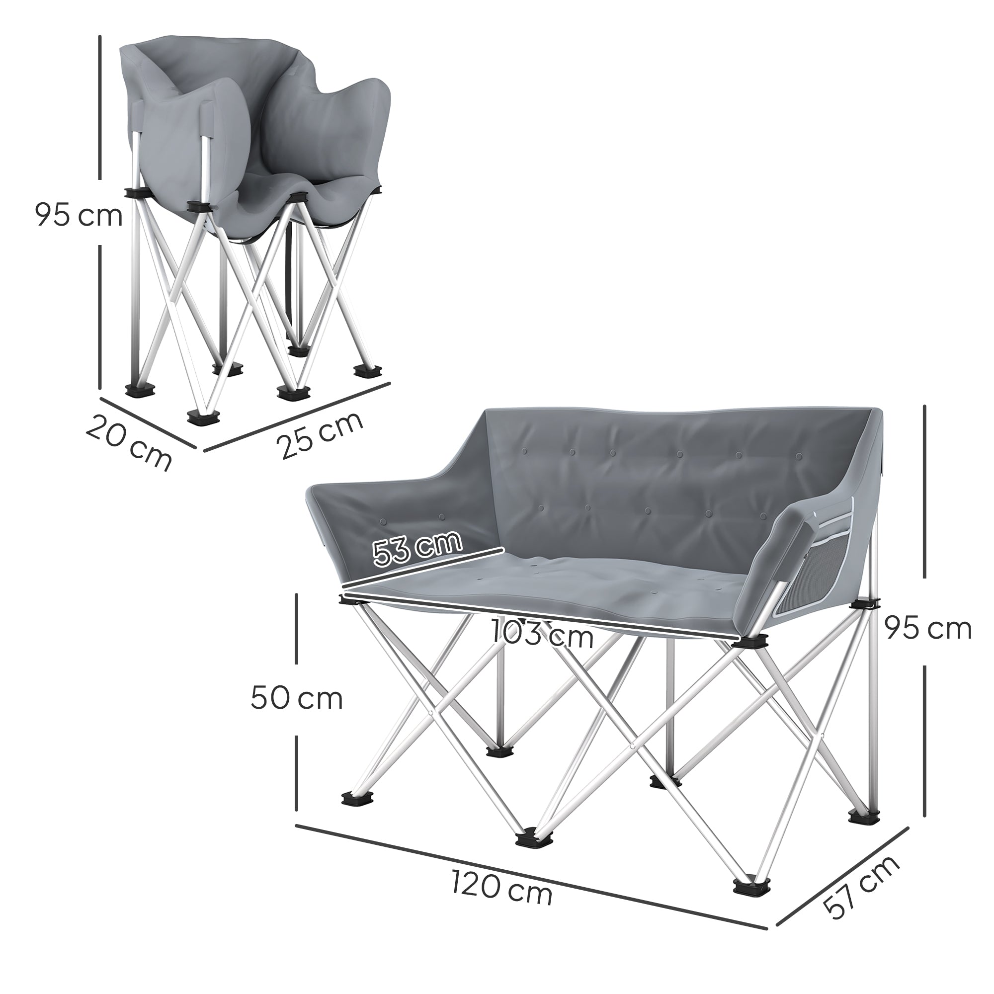 Folding Chair 2 Seater Foldable Camping Chair with Armrests Side Pocket Outdoor Folding Chair up to 240kg Load-bearing Lightly Padded Fishing Chair Garden Chair for Garden Camping Beach