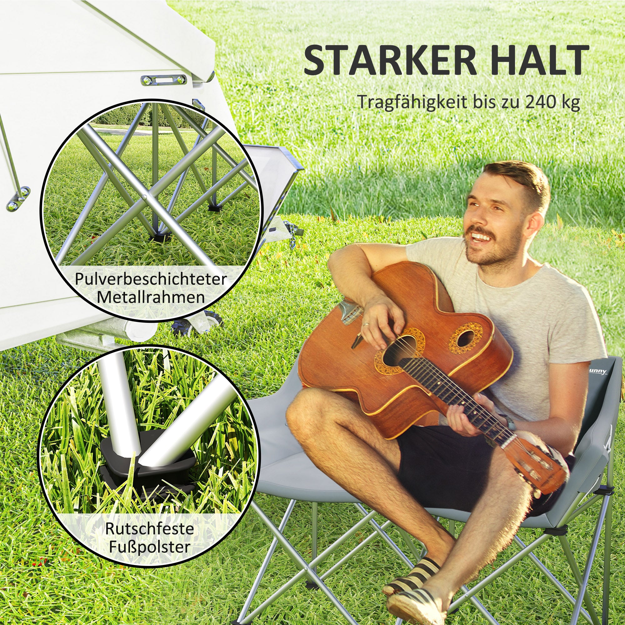 Folding Chair 2 Seater Foldable Camping Chair with Armrests Side Pocket Outdoor Folding Chair up to 240kg Load-bearing Lightly Padded Fishing Chair Garden Chair for Garden Camping Beach