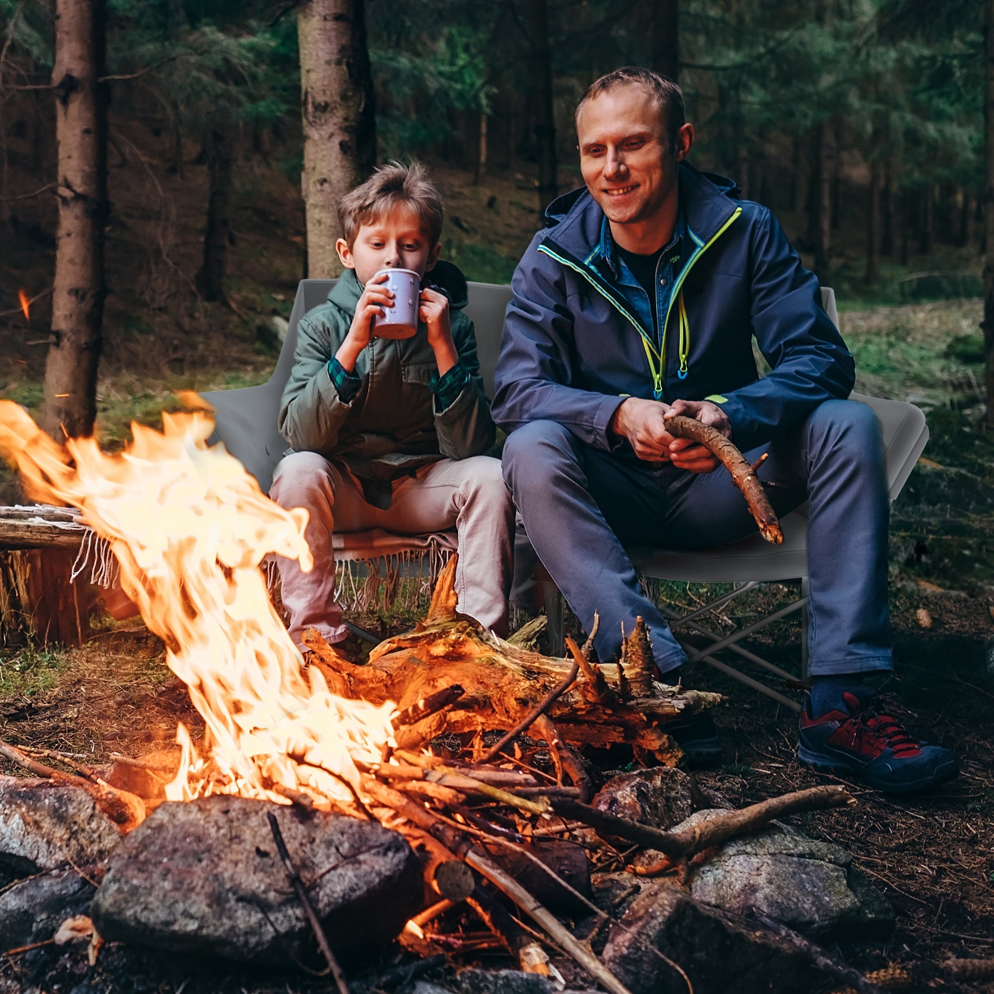 Folding Chair 2 Seater Foldable Camping Chair with Armrests Side Pocket Outdoor Folding Chair up to 240kg Load-bearing Lightly Padded Fishing Chair Garden Chair for Garden Camping Beach