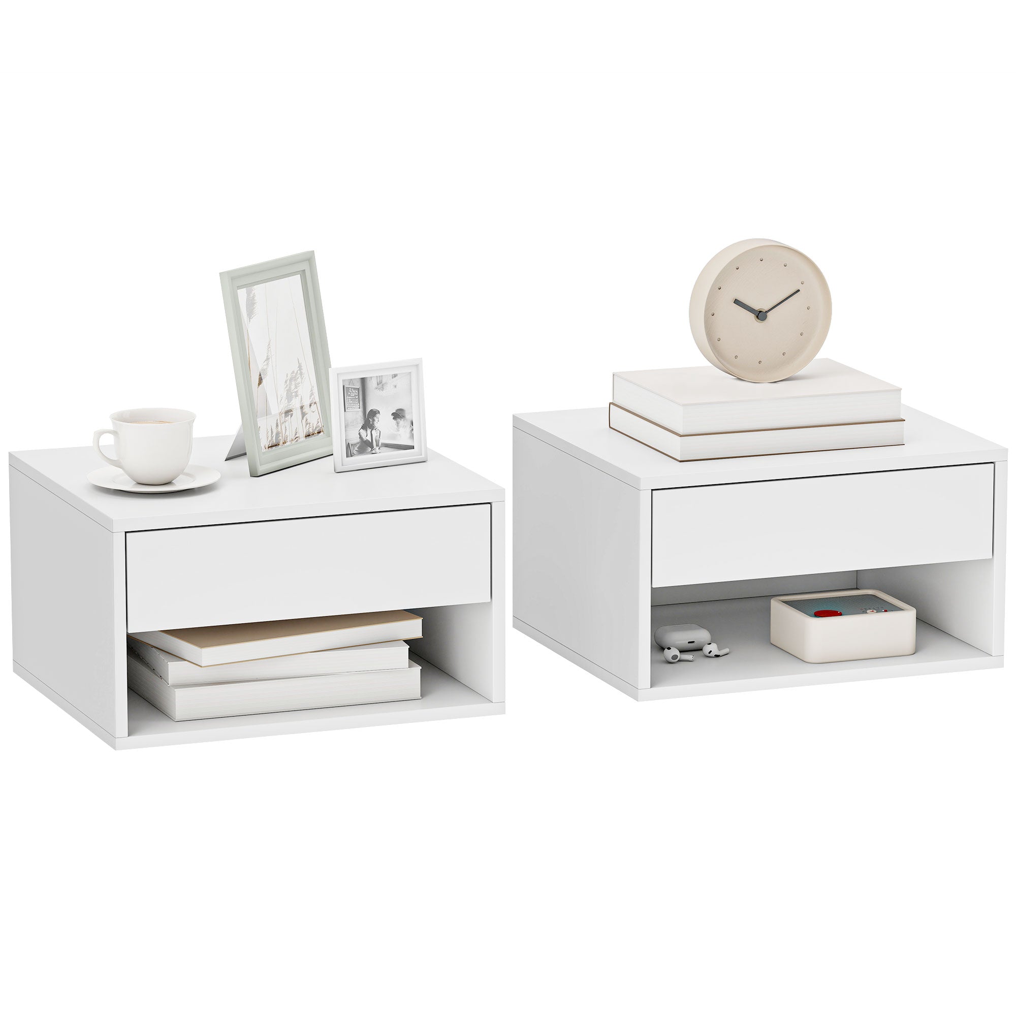 Set of 2 Wall-Mounted Nightstands – Floating Nightstands with Sliding Drawer, Open Compartment & Top Shelf, Modern Style, 37 x 32 x 21 cm (14.6 x 12.6 x 8.3 in), White